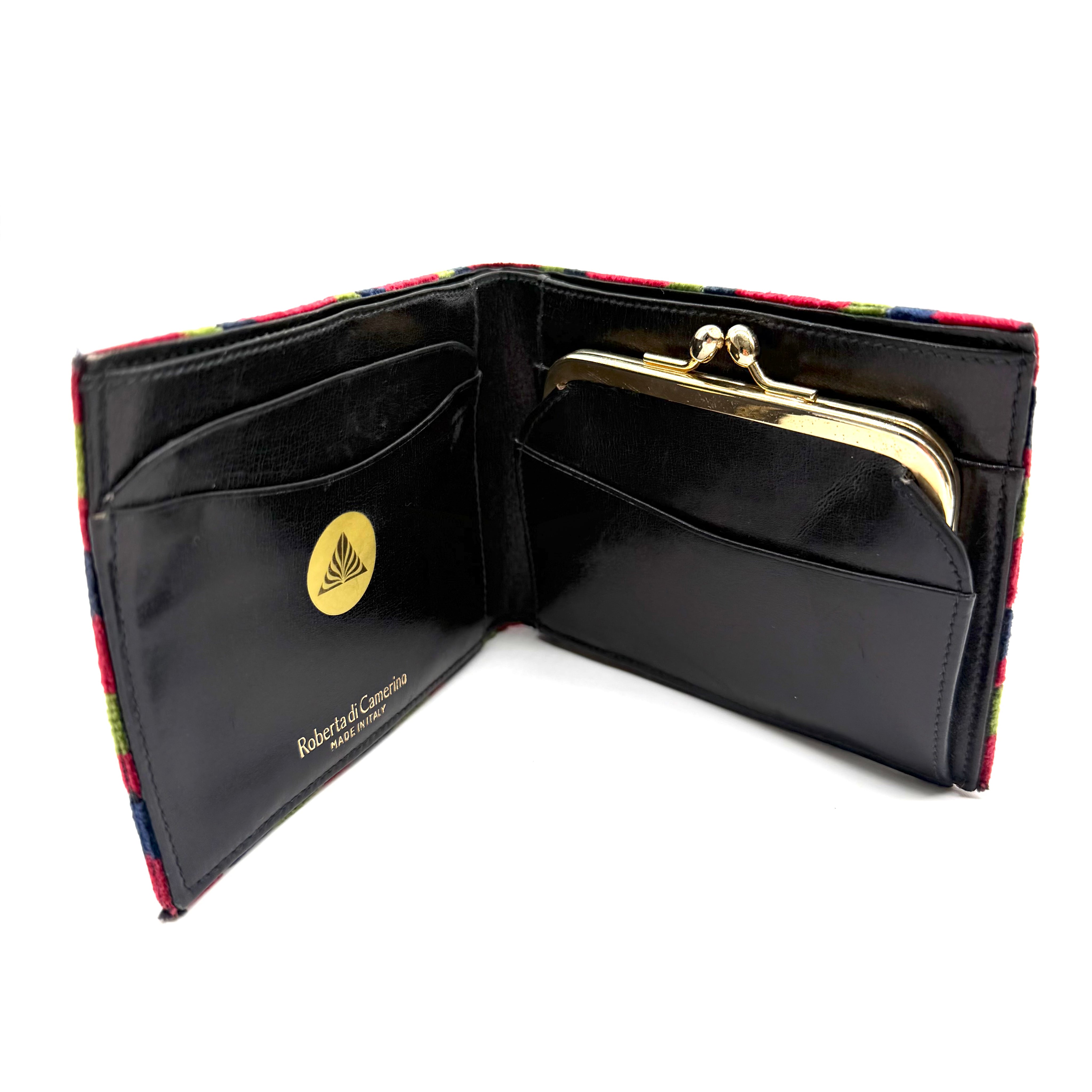 Roberta di Camerino | Geometric Bifold Wallet | Multicolour Velvet and Black Leather | Gold-Tone Hardware