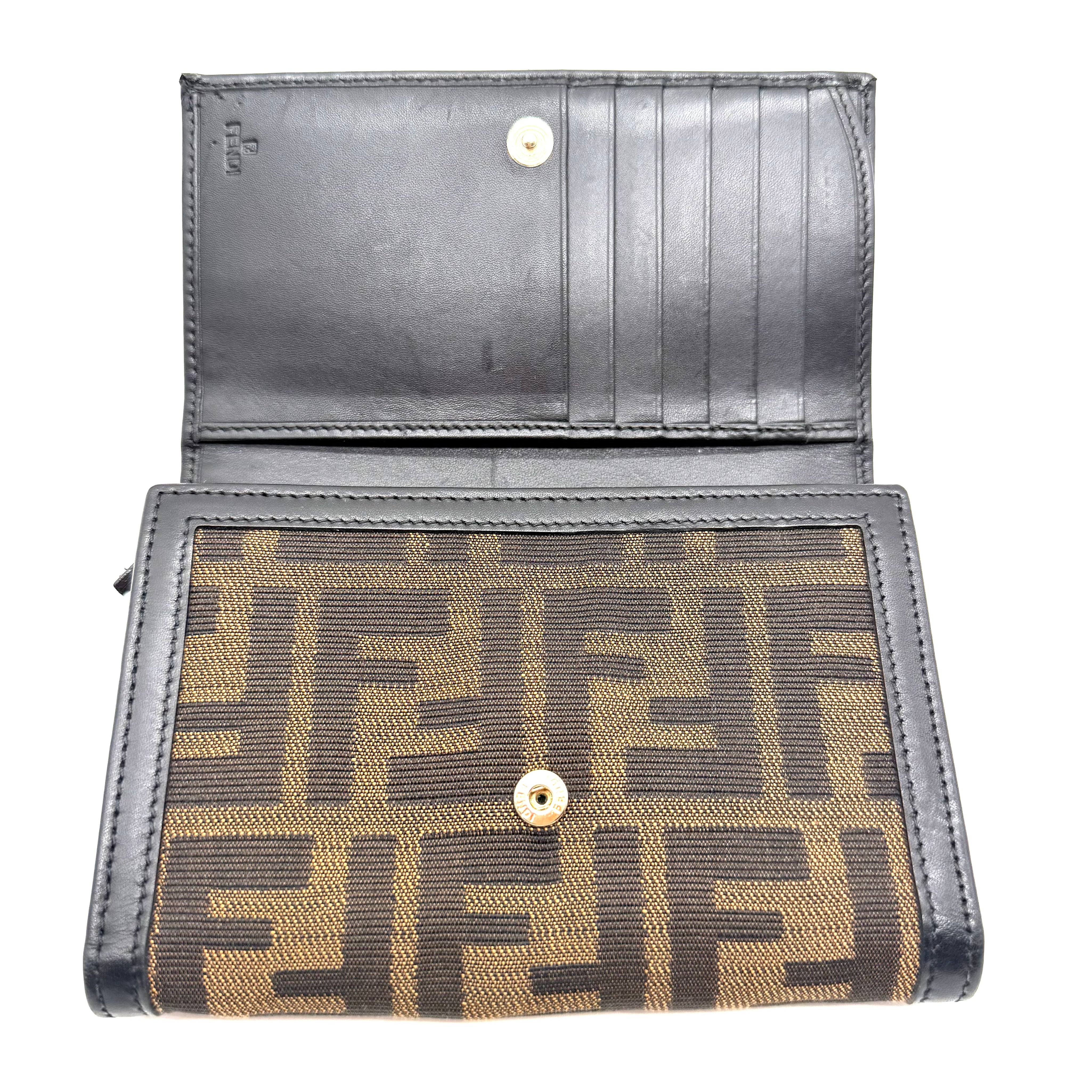 Fendi | Zucca Compact Trifold Wallet | Brown FF Jacquard and Black Leather | Gold-Tone Hardware