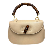 Gucci | Beige Pebbled Leather Bamboo Top Handle Satchel (Excellent Condition)