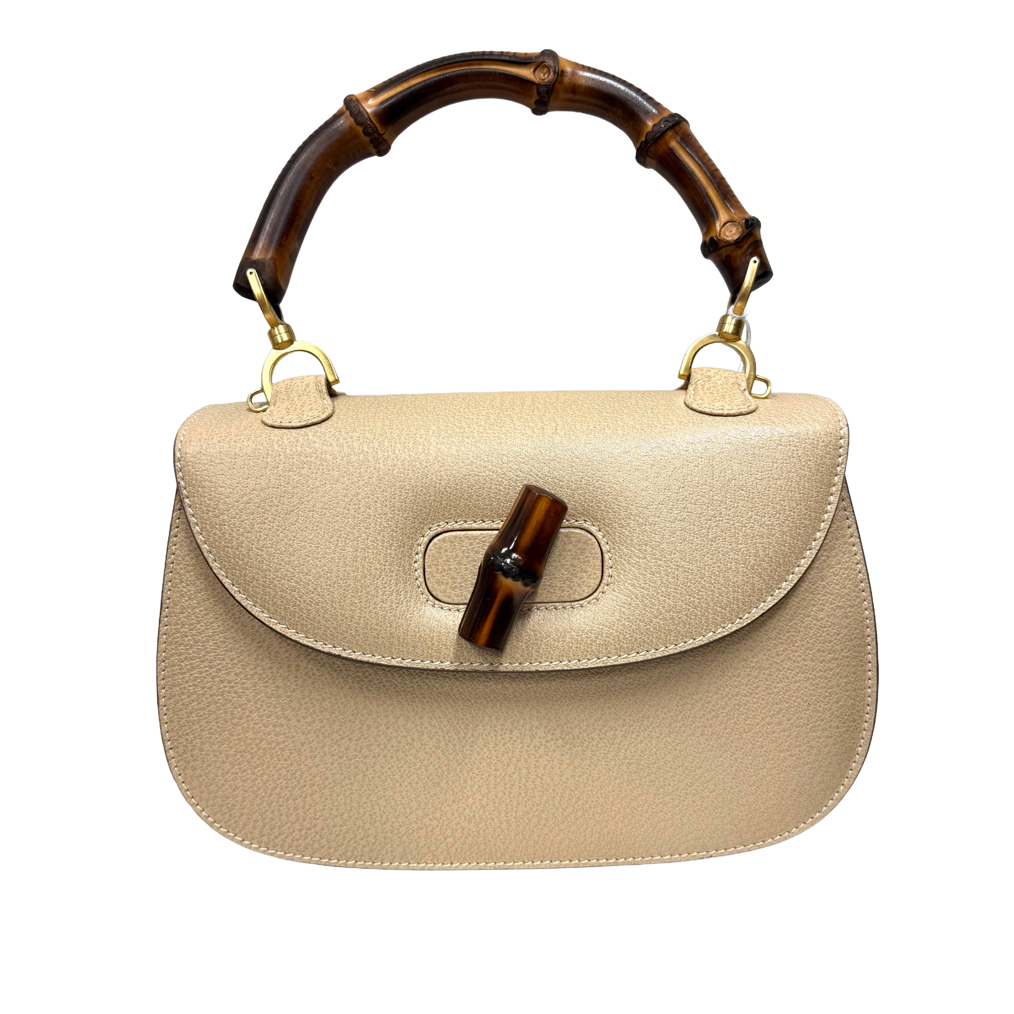 Gucci | Beige Pebbled Leather Bamboo Top Handle Satchel (Excellent Condition)