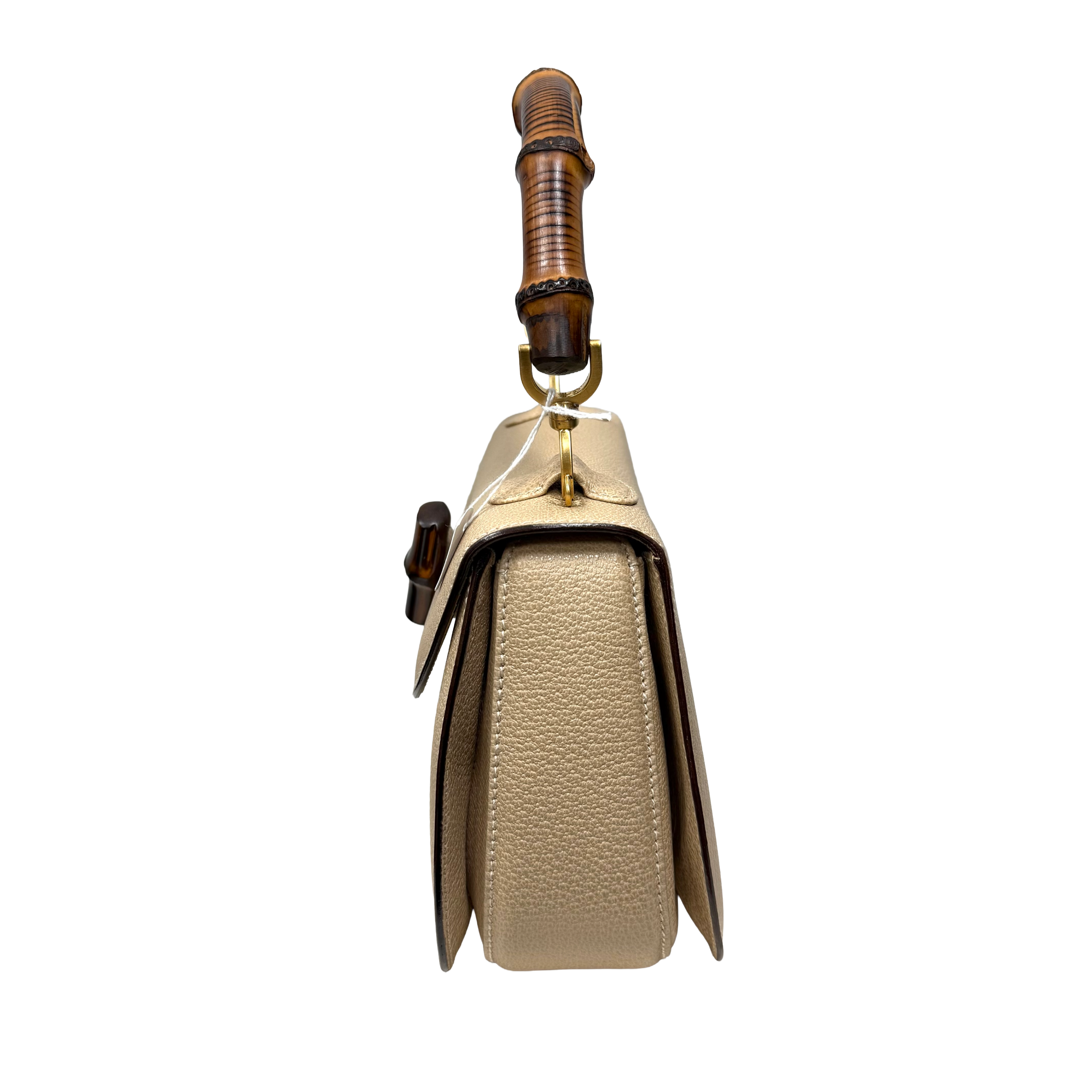 Gucci | Beige Pebbled Leather Bamboo Top Handle Satchel (Excellent Condition)