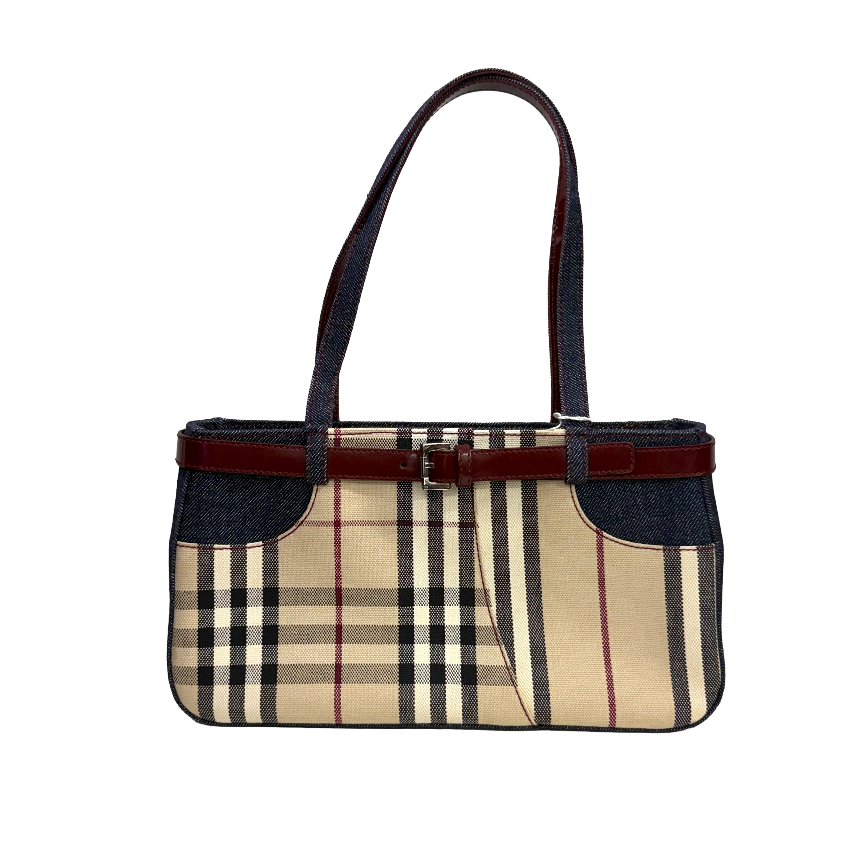Burberry | Vintage Check Canvas Tote Bag with Denim Pocket (Excellent Condition)