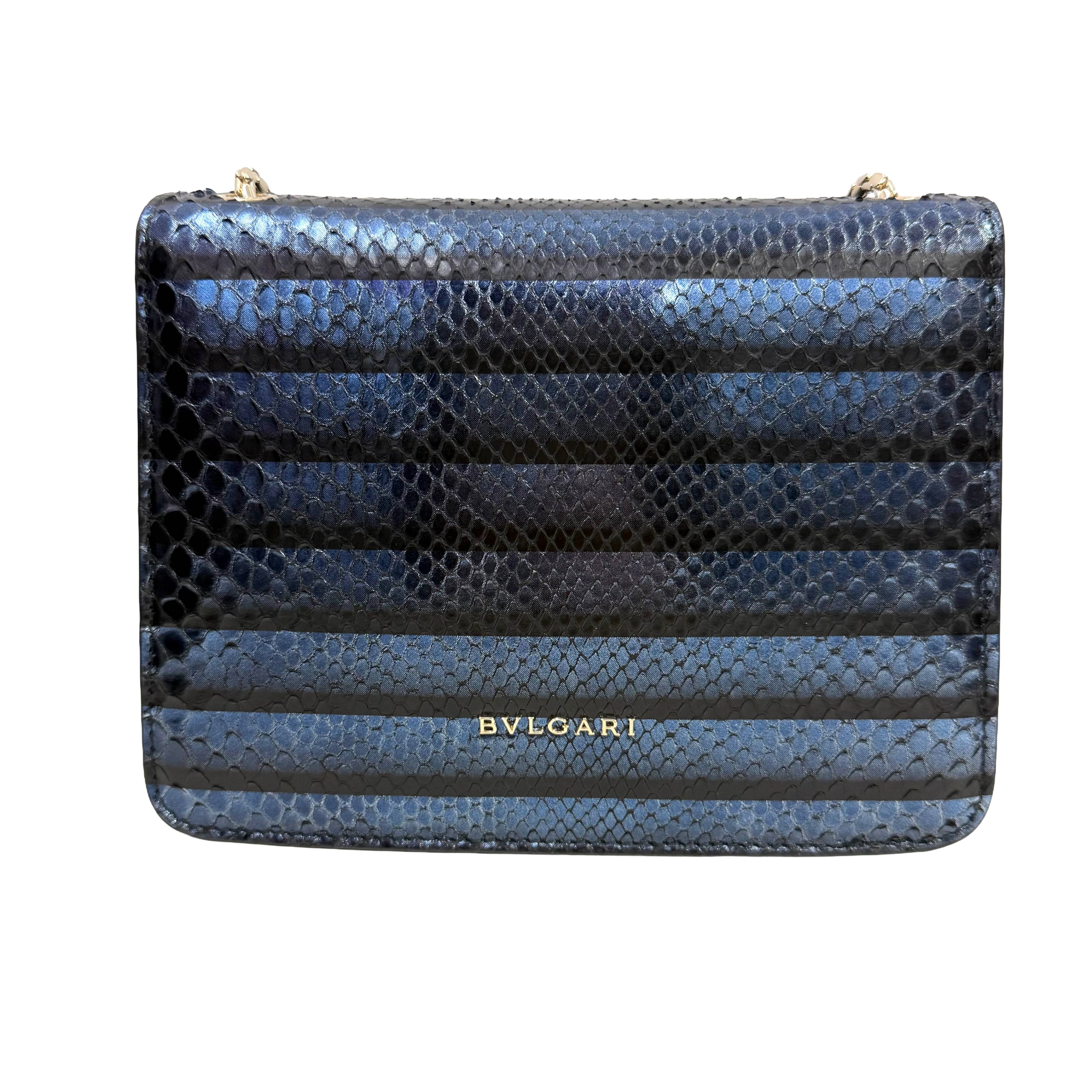 Midnight Blue Snakeskin Serpenti Style Chain Shoulder Bag – Metallic Exotic Mini Crossbody (Pristine Condition)