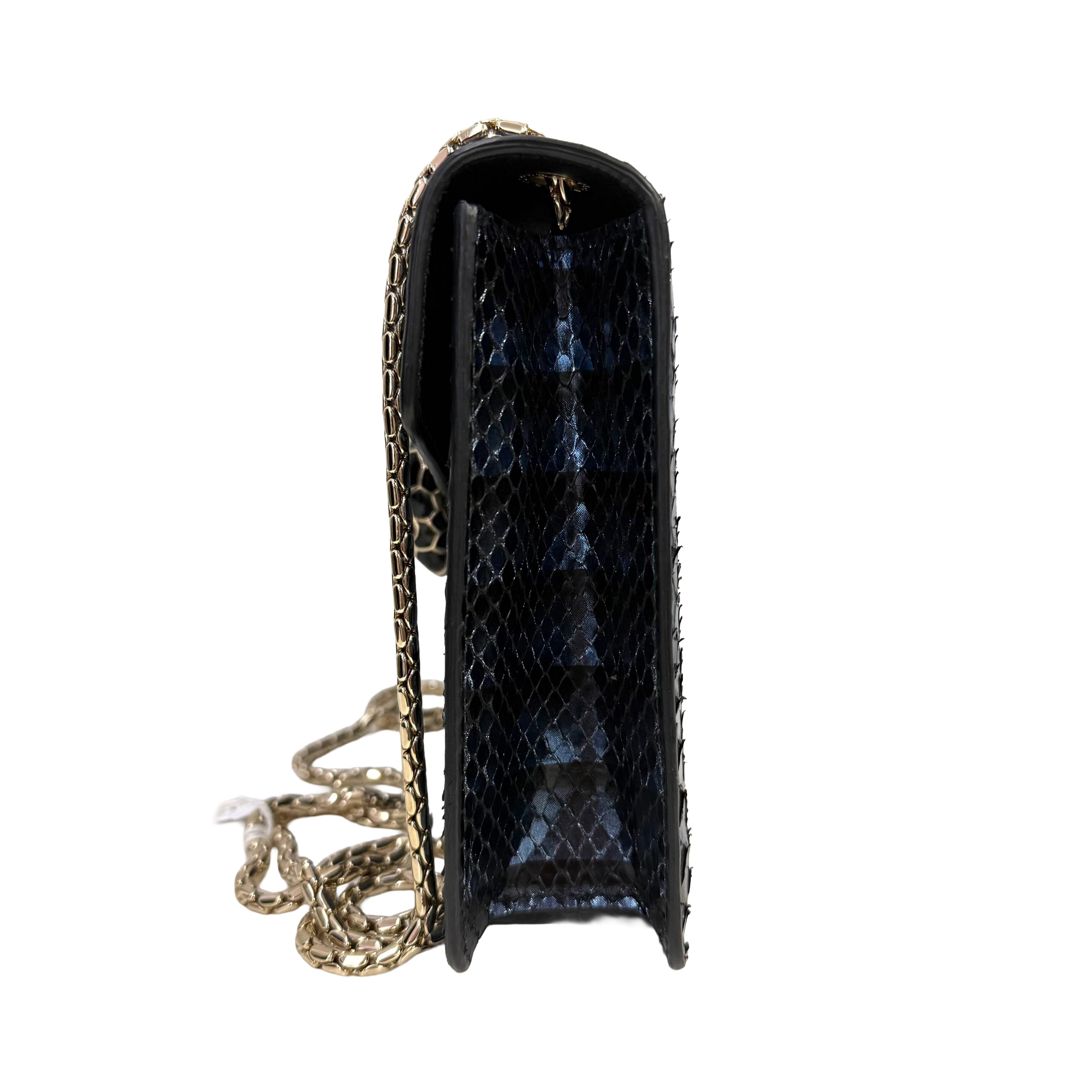 Midnight Blue Snakeskin Serpenti Style Chain Shoulder Bag – Metallic Exotic Mini Crossbody (Pristine Condition)
