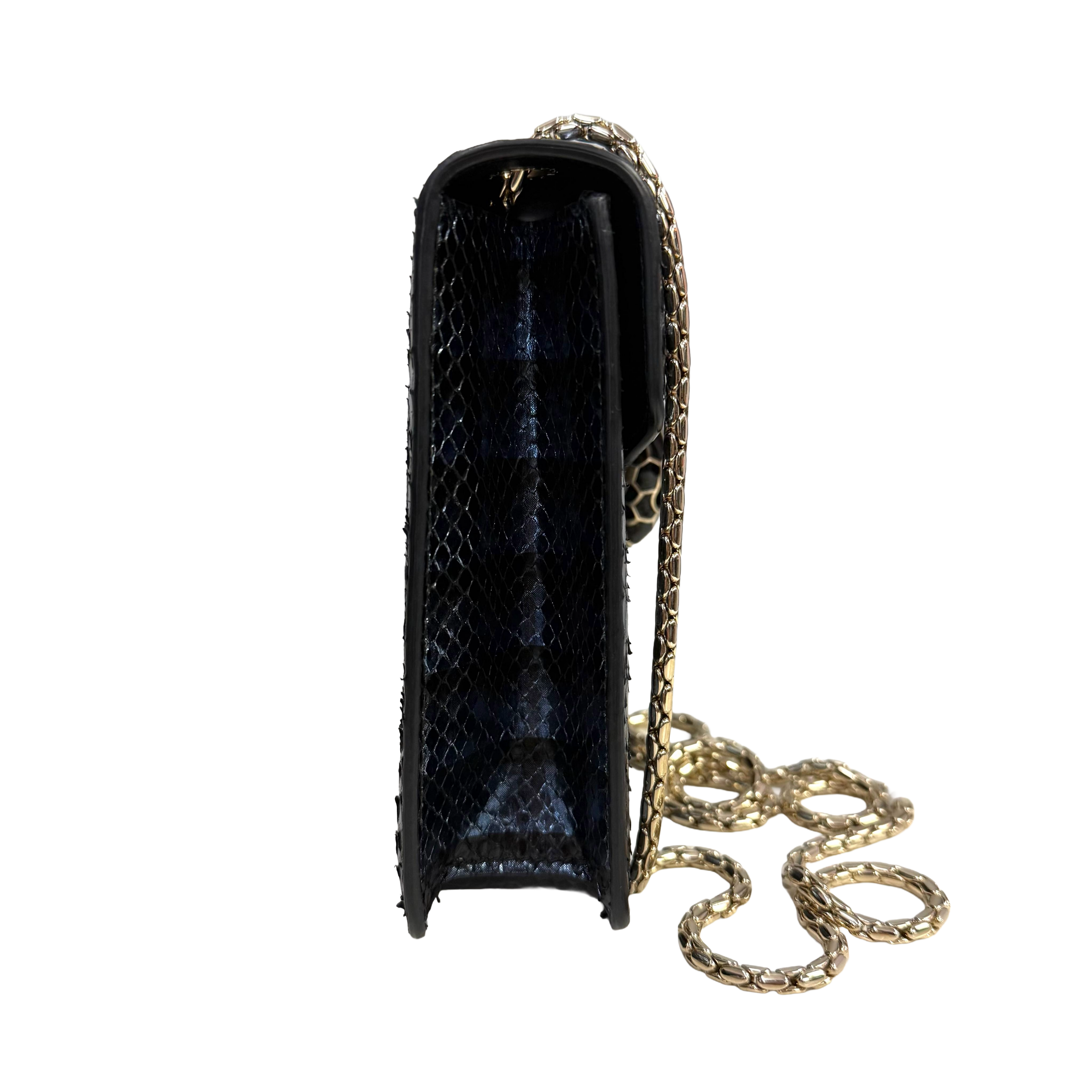 Midnight Blue Snakeskin Serpenti Style Chain Shoulder Bag – Metallic Exotic Mini Crossbody (Pristine Condition)
