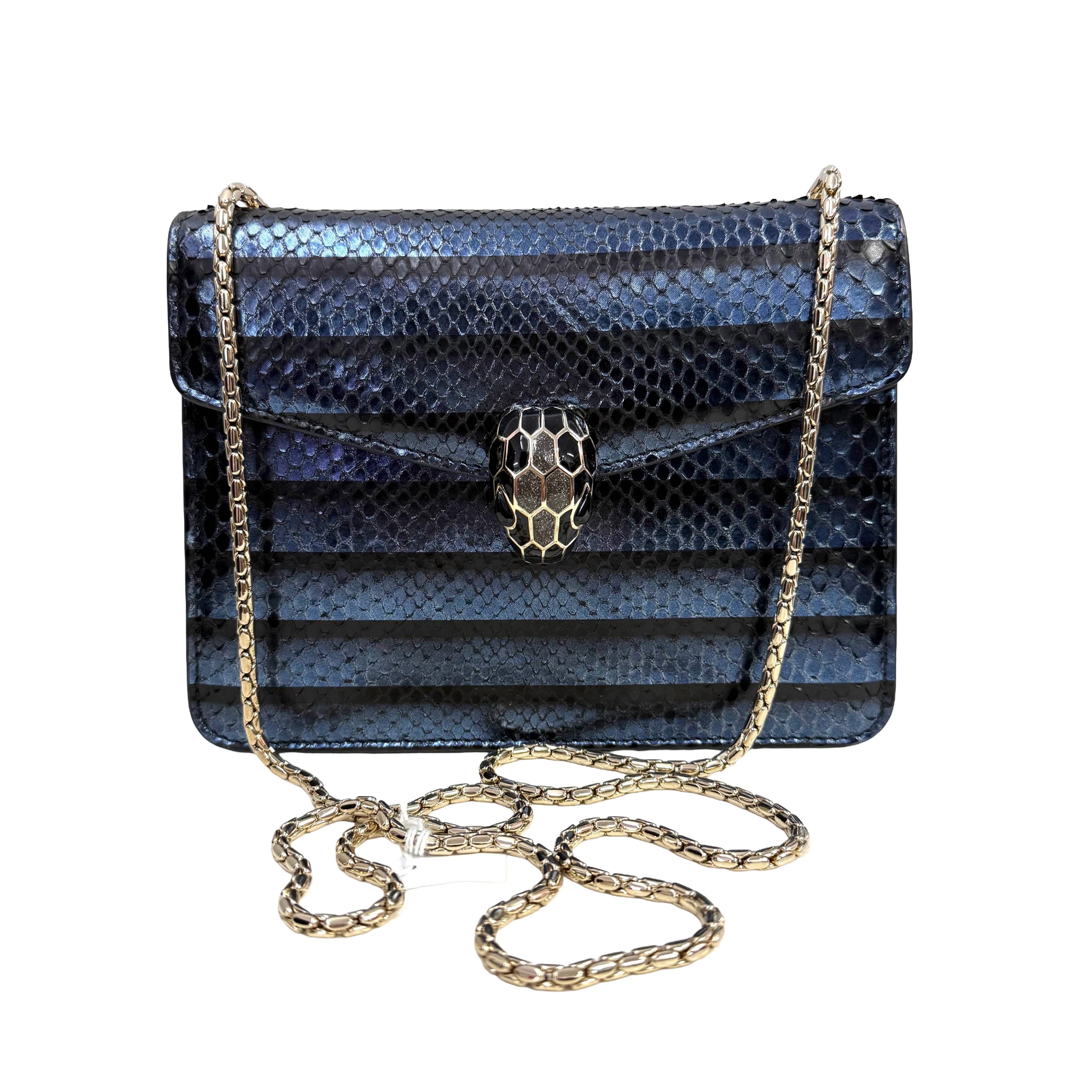 Midnight Blue Snakeskin Serpenti Style Chain Shoulder Bag – Metallic Exotic Mini Crossbody (Pristine Condition)
