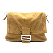 Fendi | Baguette Shoulder Bag | Brown Corduroy and Burgundy Leather | Silver-Tone FF Hardware