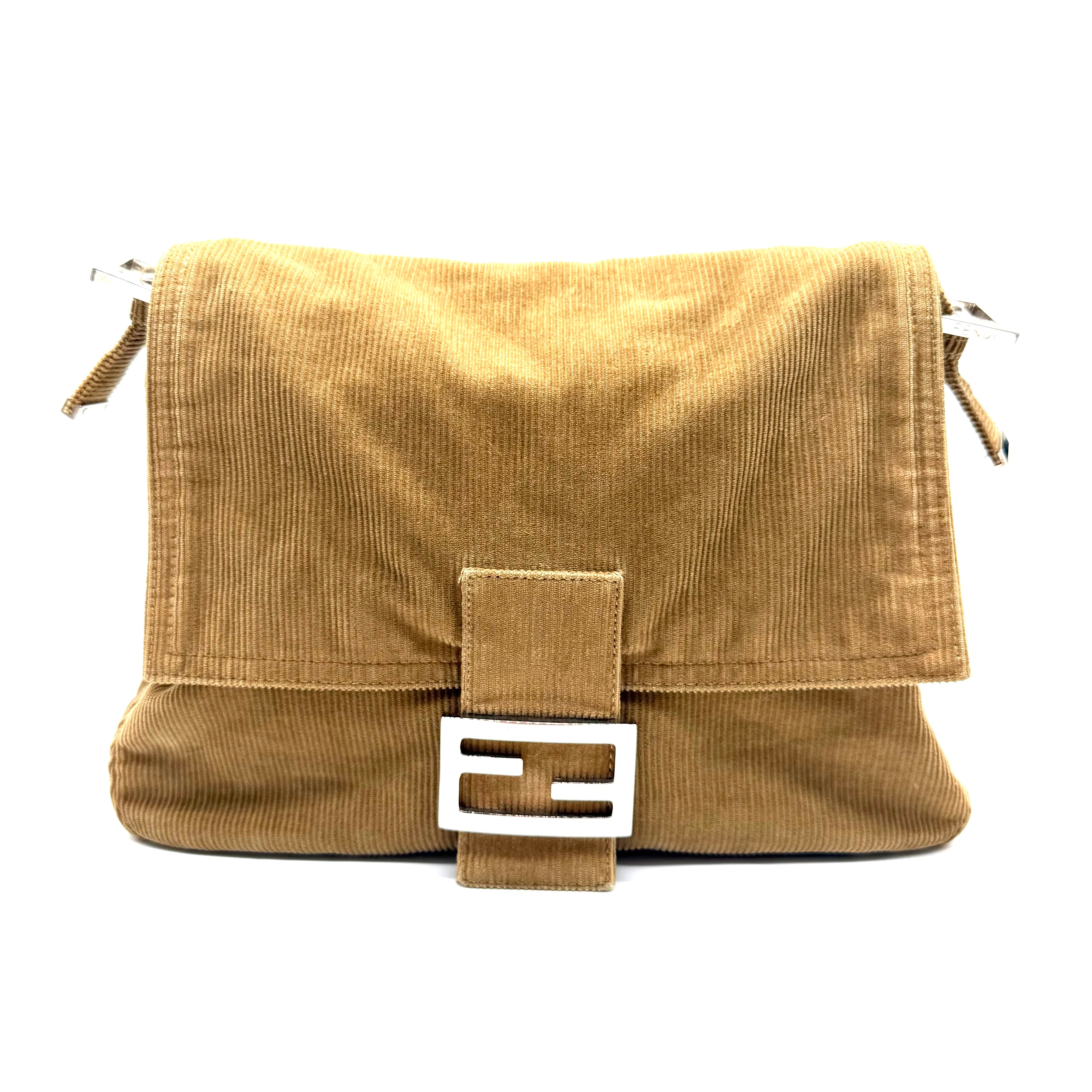 Fendi | Baguette Shoulder Bag | Brown Corduroy and Burgundy Leather | Silver-Tone FF Hardware