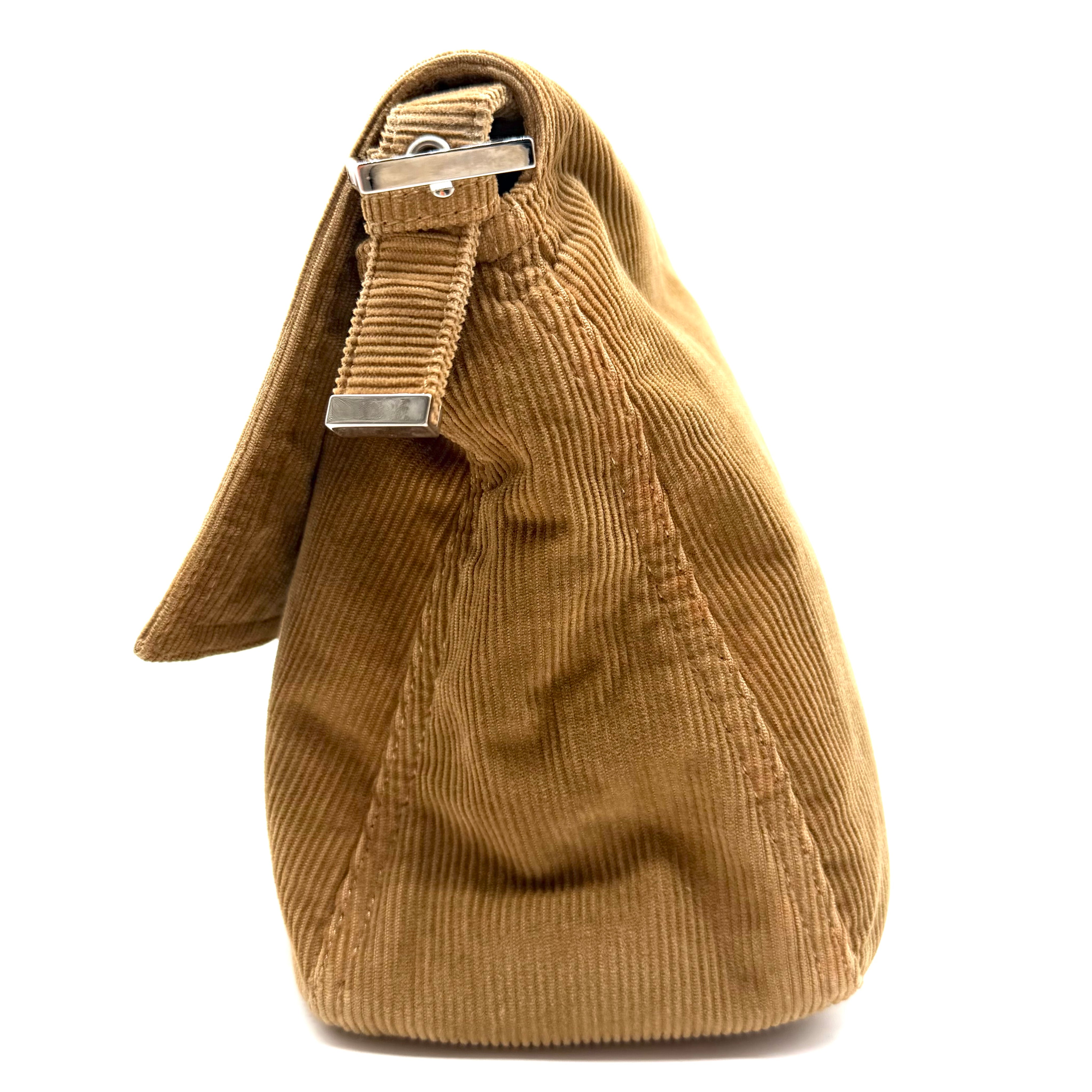 Fendi | Baguette Shoulder Bag | Brown Corduroy and Burgundy Leather | Silver-Tone FF Hardware
