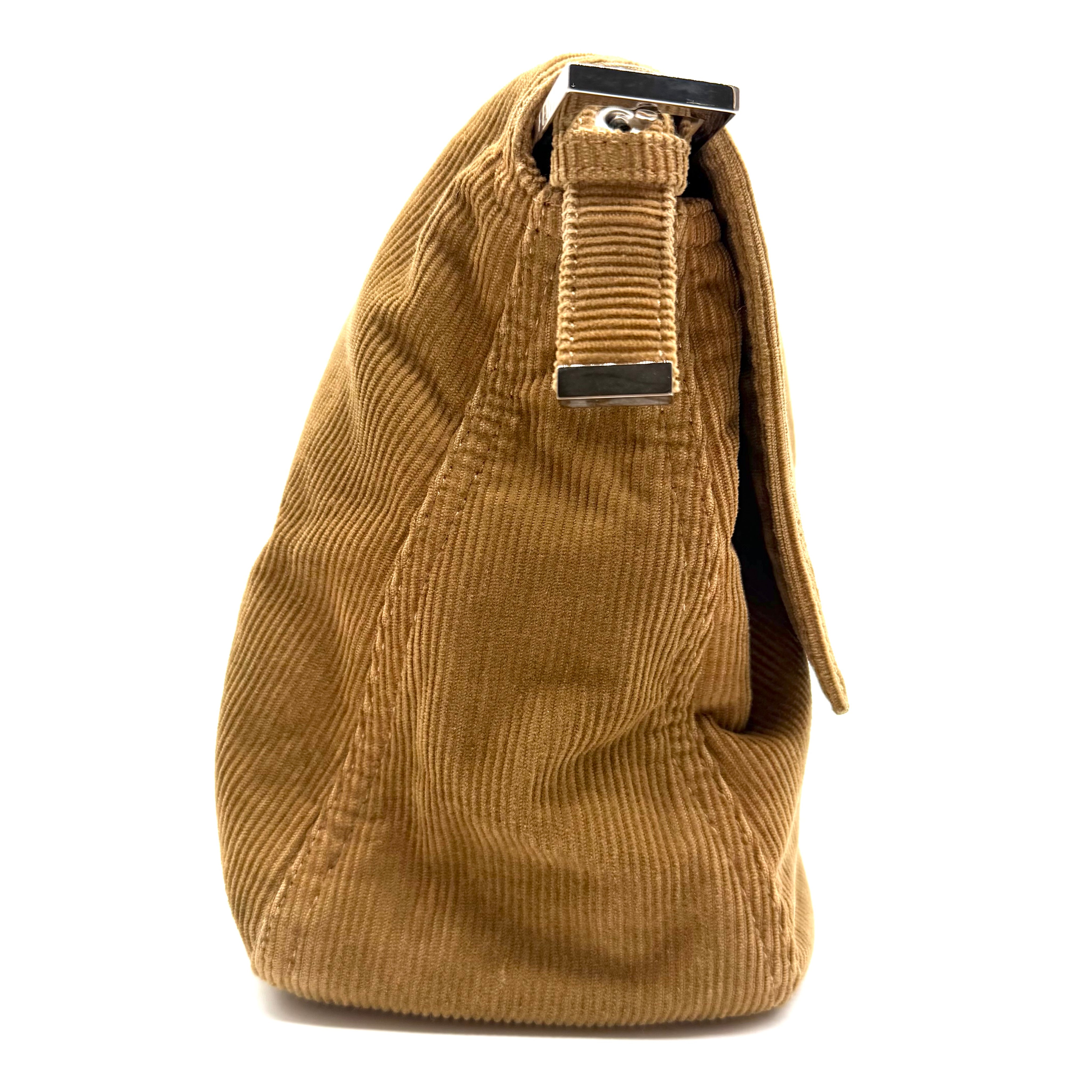 Fendi | Baguette Shoulder Bag | Brown Corduroy and Burgundy Leather | Silver-Tone FF Hardware