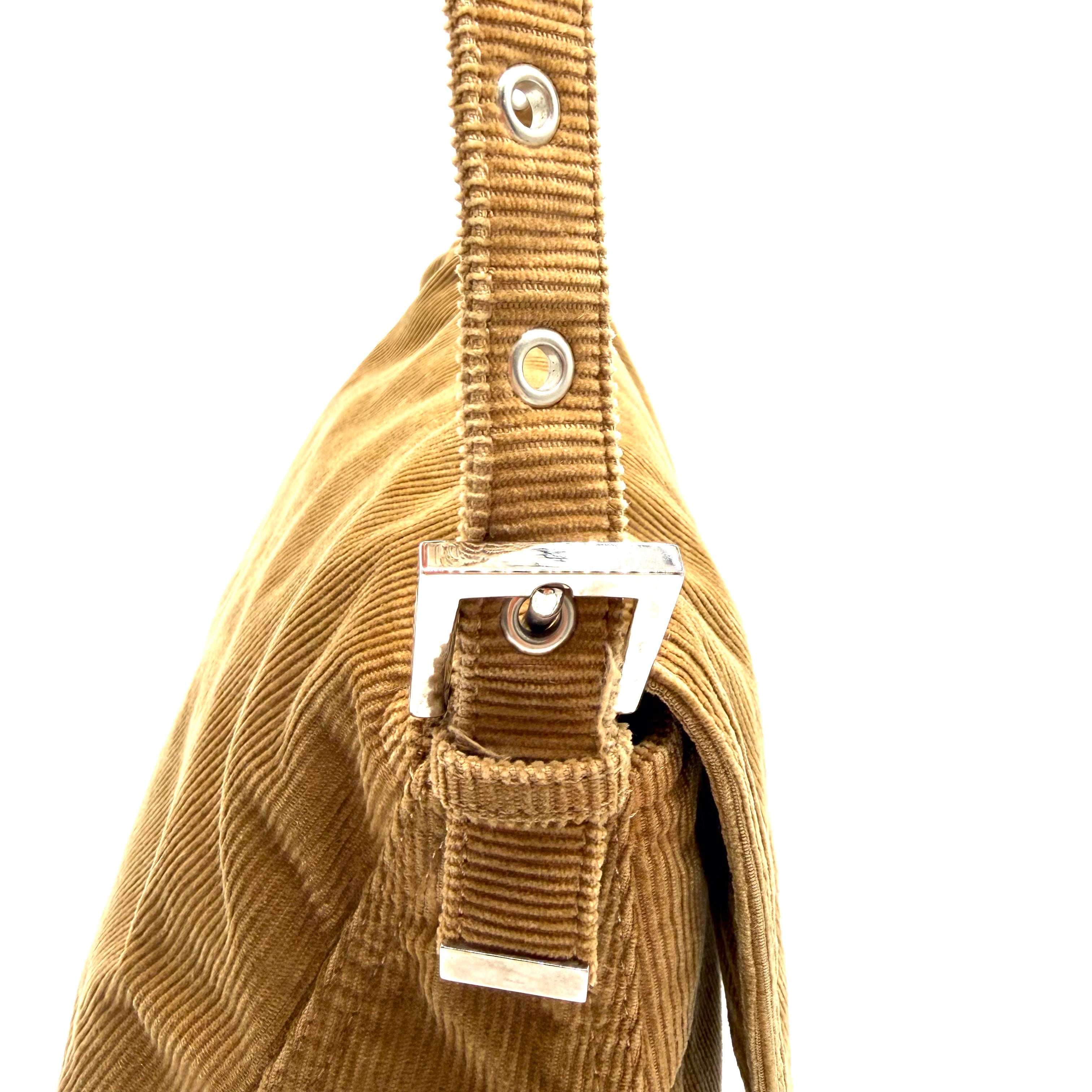 Fendi | Baguette Shoulder Bag | Brown Corduroy and Burgundy Leather | Silver-Tone FF Hardware