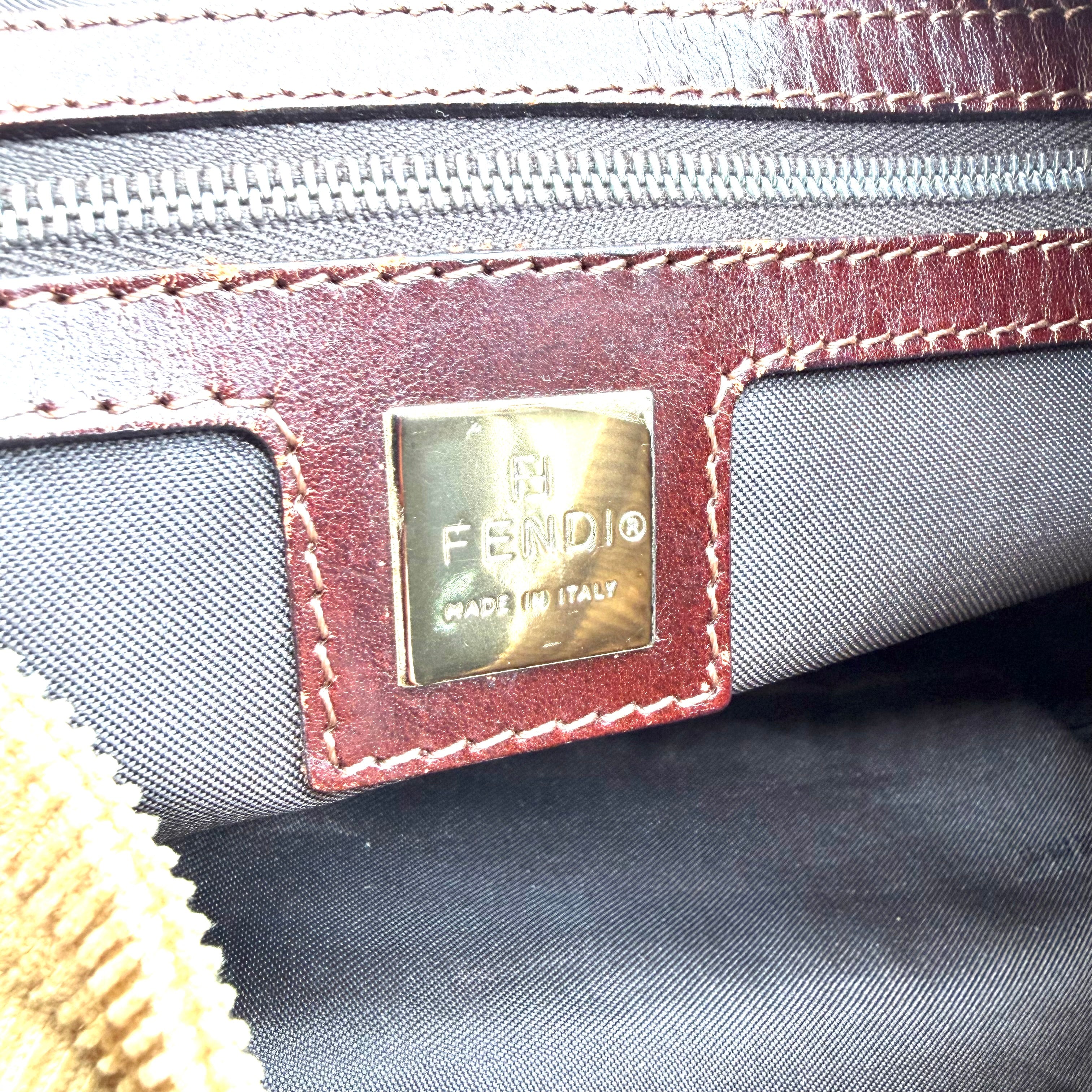 Fendi | Baguette Shoulder Bag | Brown Corduroy and Burgundy Leather | Silver-Tone FF Hardware