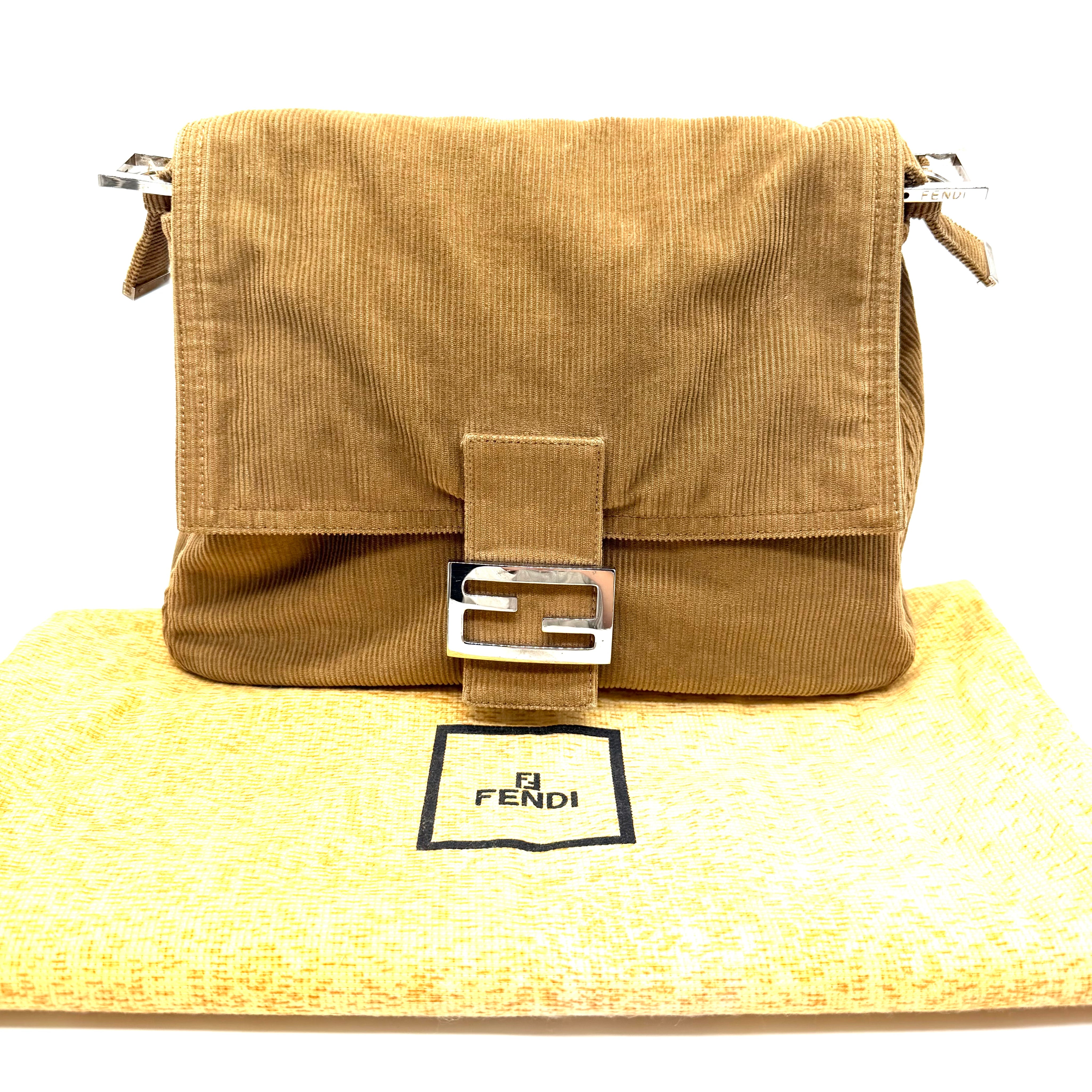 Fendi | Baguette Shoulder Bag | Brown Corduroy and Burgundy Leather | Silver-Tone FF Hardware