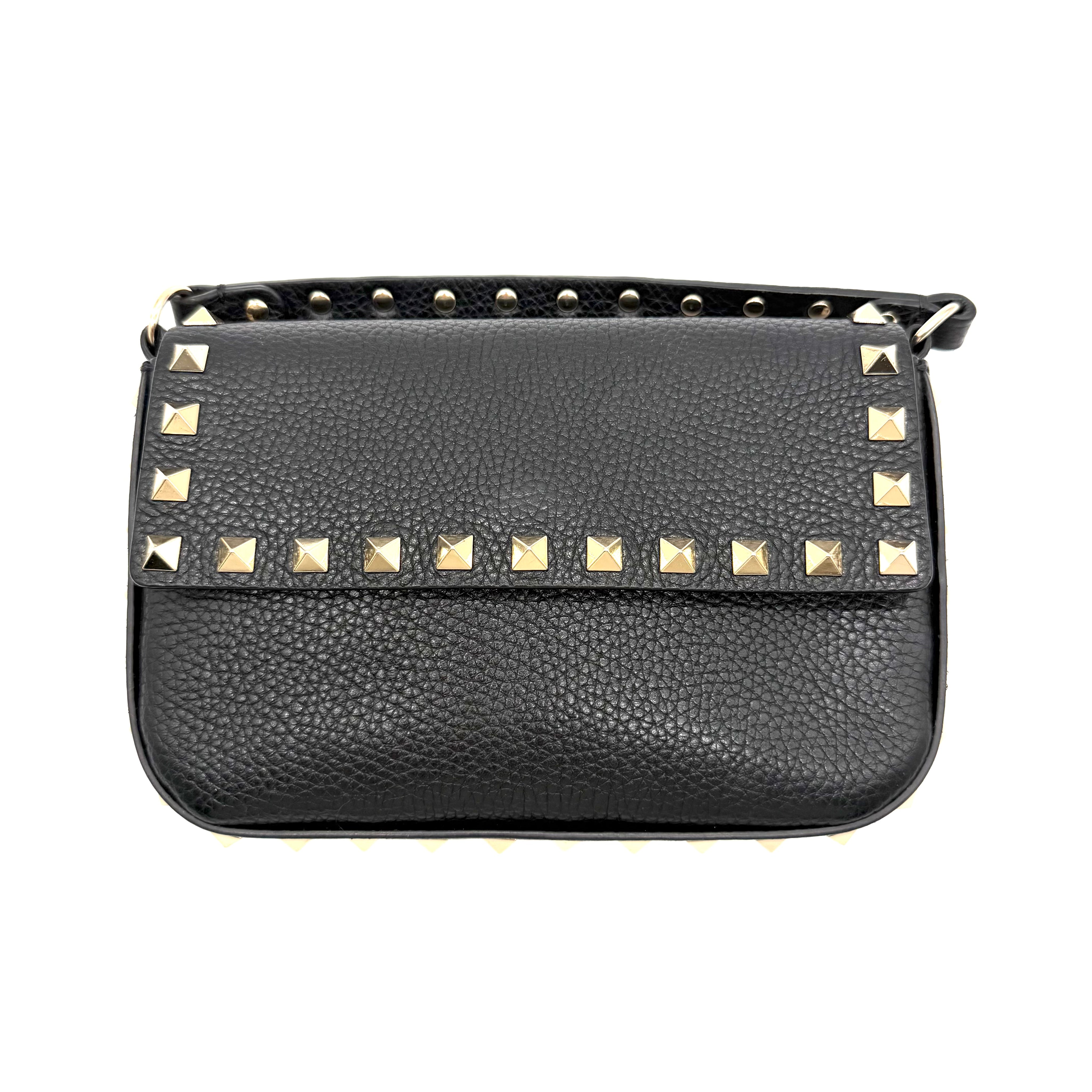 Valentino Garavani | Rockstud Crossbody Bag | Black Grained Leather | Gold-Tone Studded Hardware