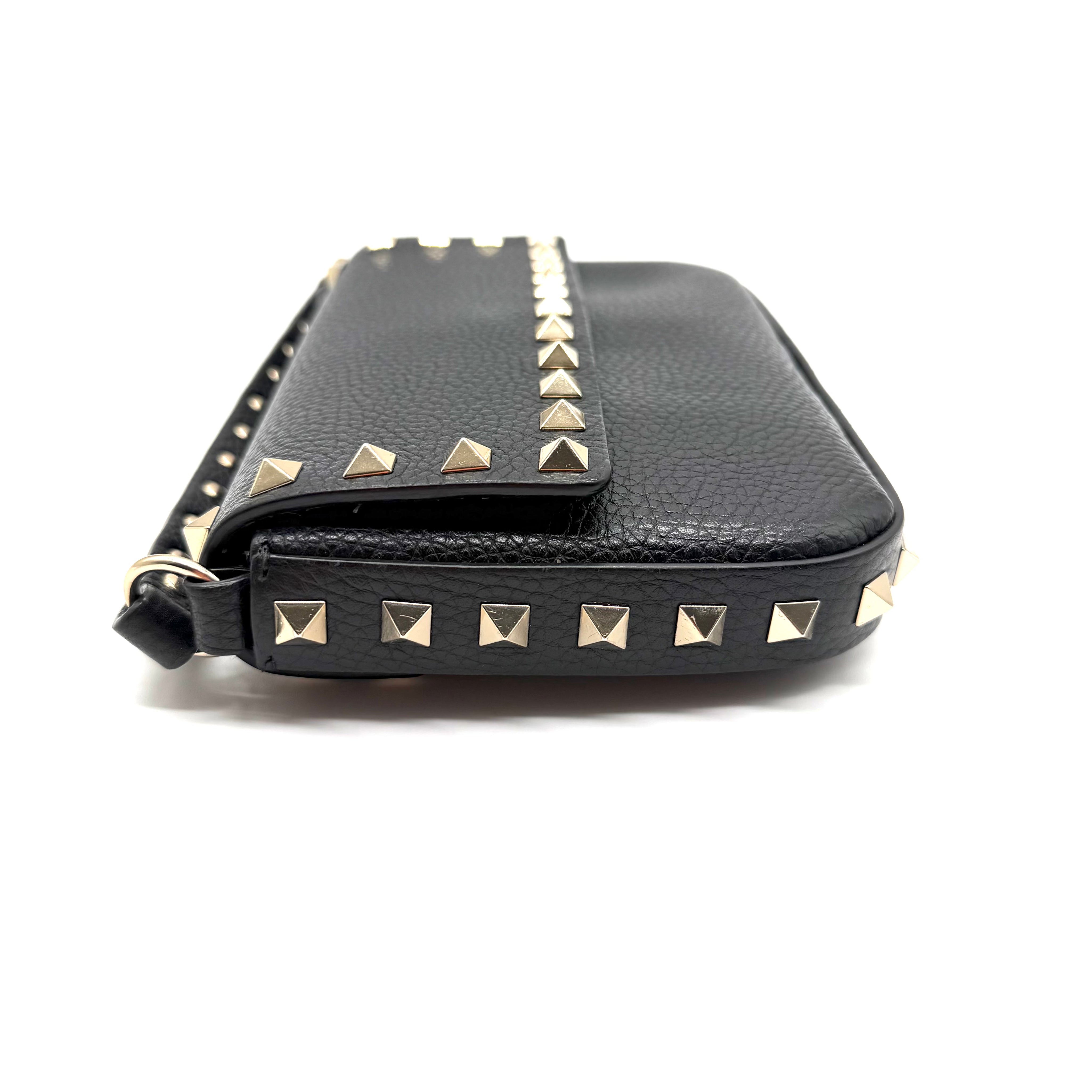 Valentino Garavani | Rockstud Crossbody Bag | Black Grained Leather | Gold-Tone Studded Hardware
