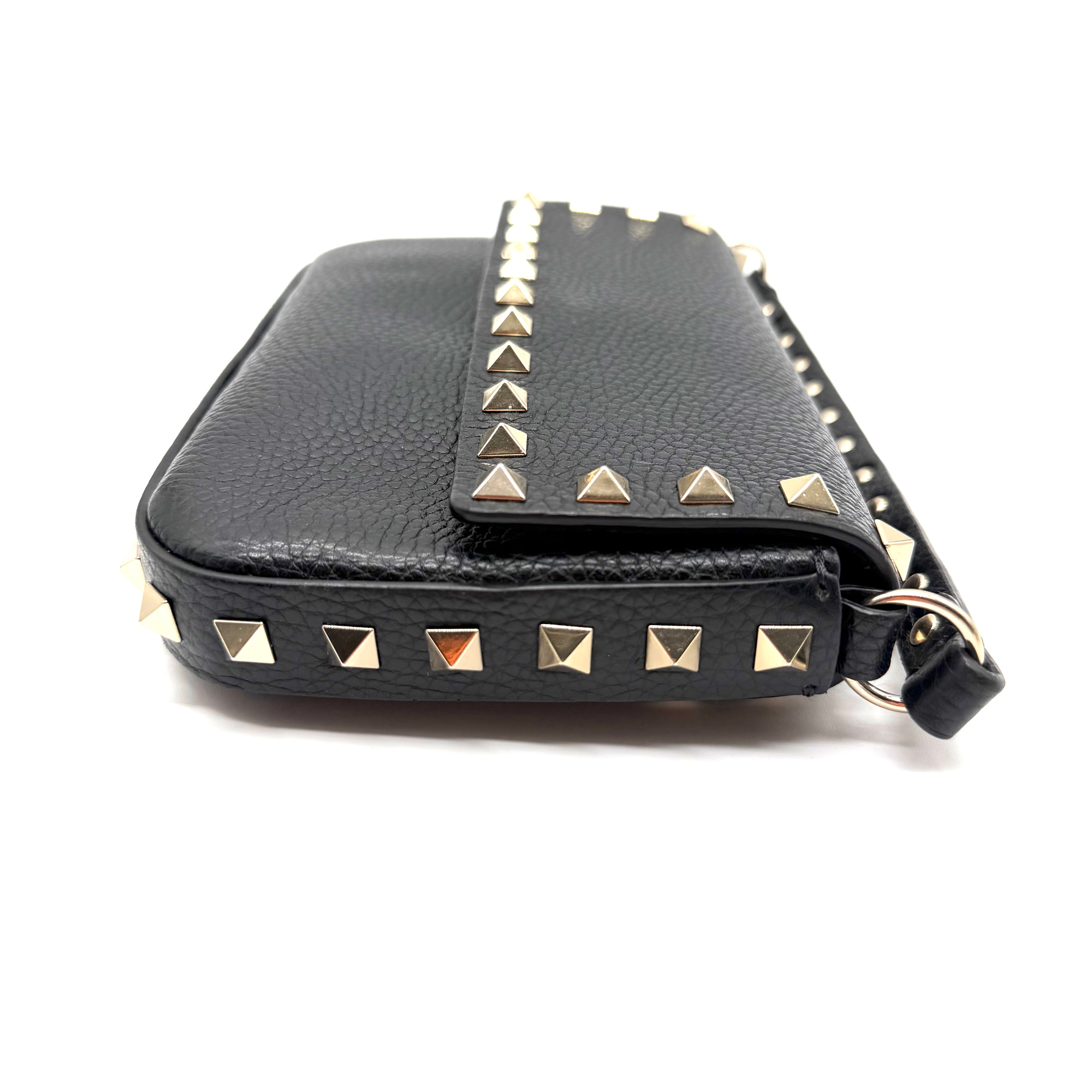 Valentino Garavani | Rockstud Crossbody Bag | Black Grained Leather | Gold-Tone Studded Hardware
