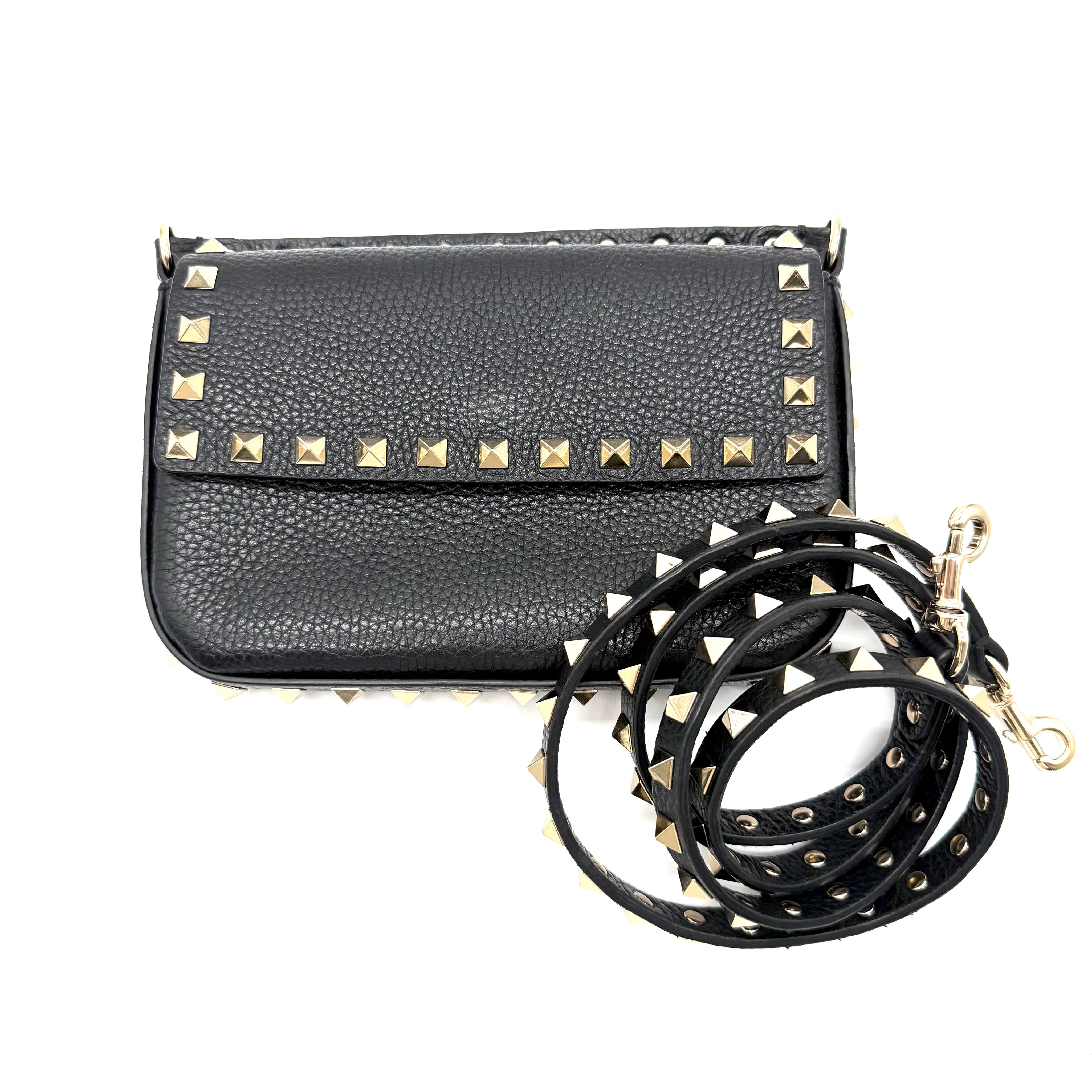 Valentino Garavani | Rockstud Crossbody Bag | Black Grained Leather | Gold-Tone Studded Hardware