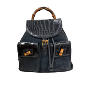 Gucci Bamboo Backpack – Black Suede & Croc-Embossed Leather (Pristine Condition)