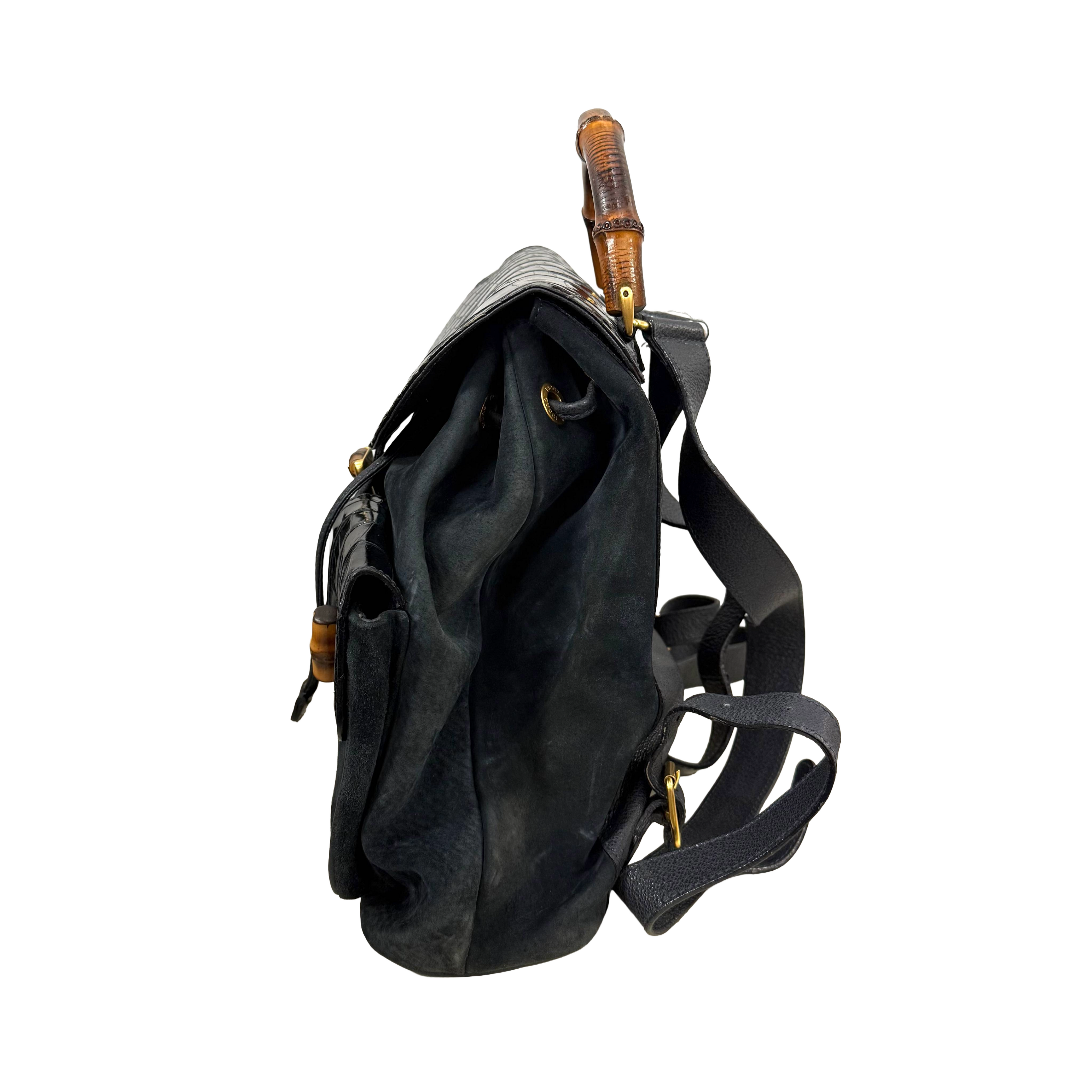 Gucci Bamboo Backpack – Black Suede & Croc-Embossed Leather (Pristine Condition)