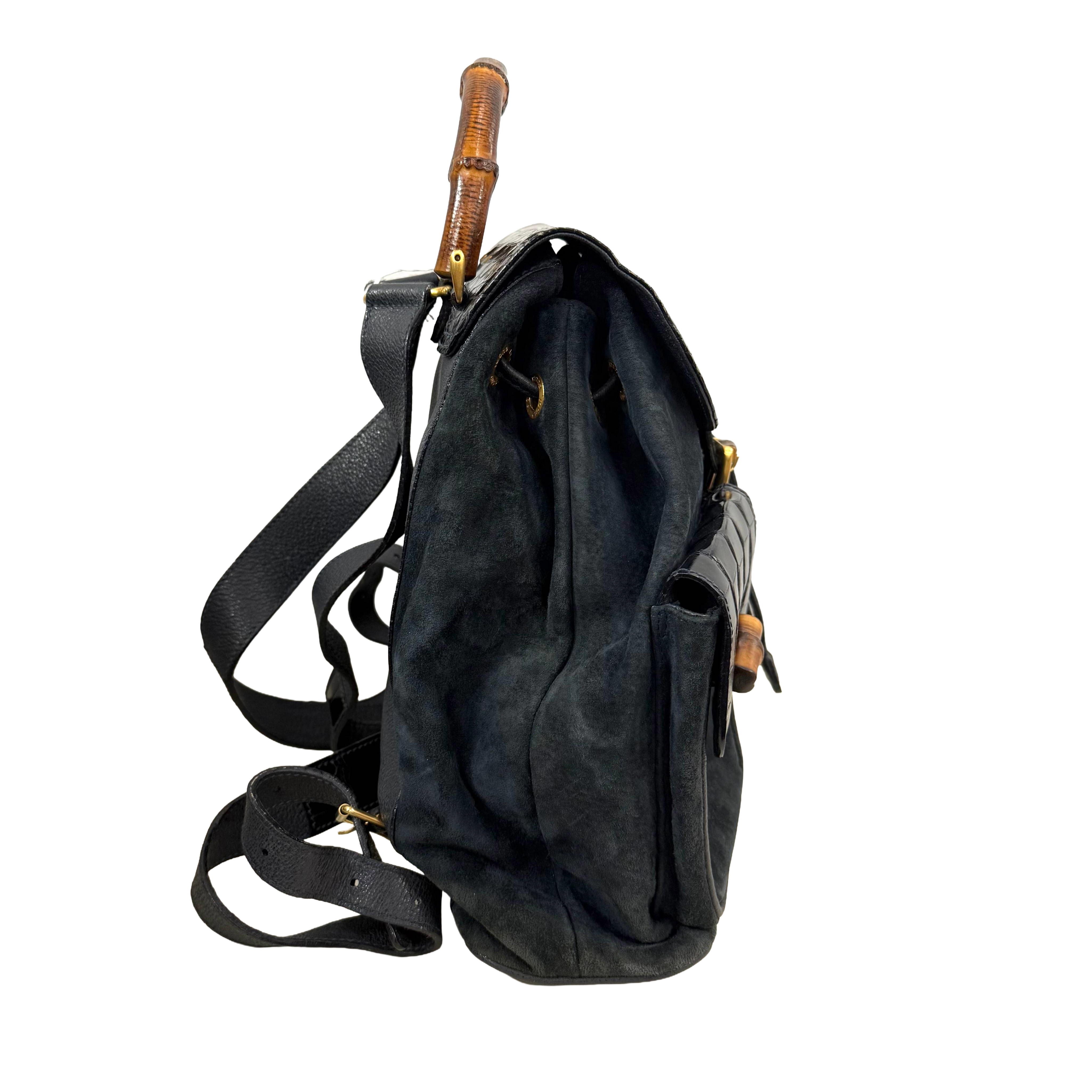 Gucci Bamboo Backpack – Black Suede & Croc-Embossed Leather (Pristine Condition)