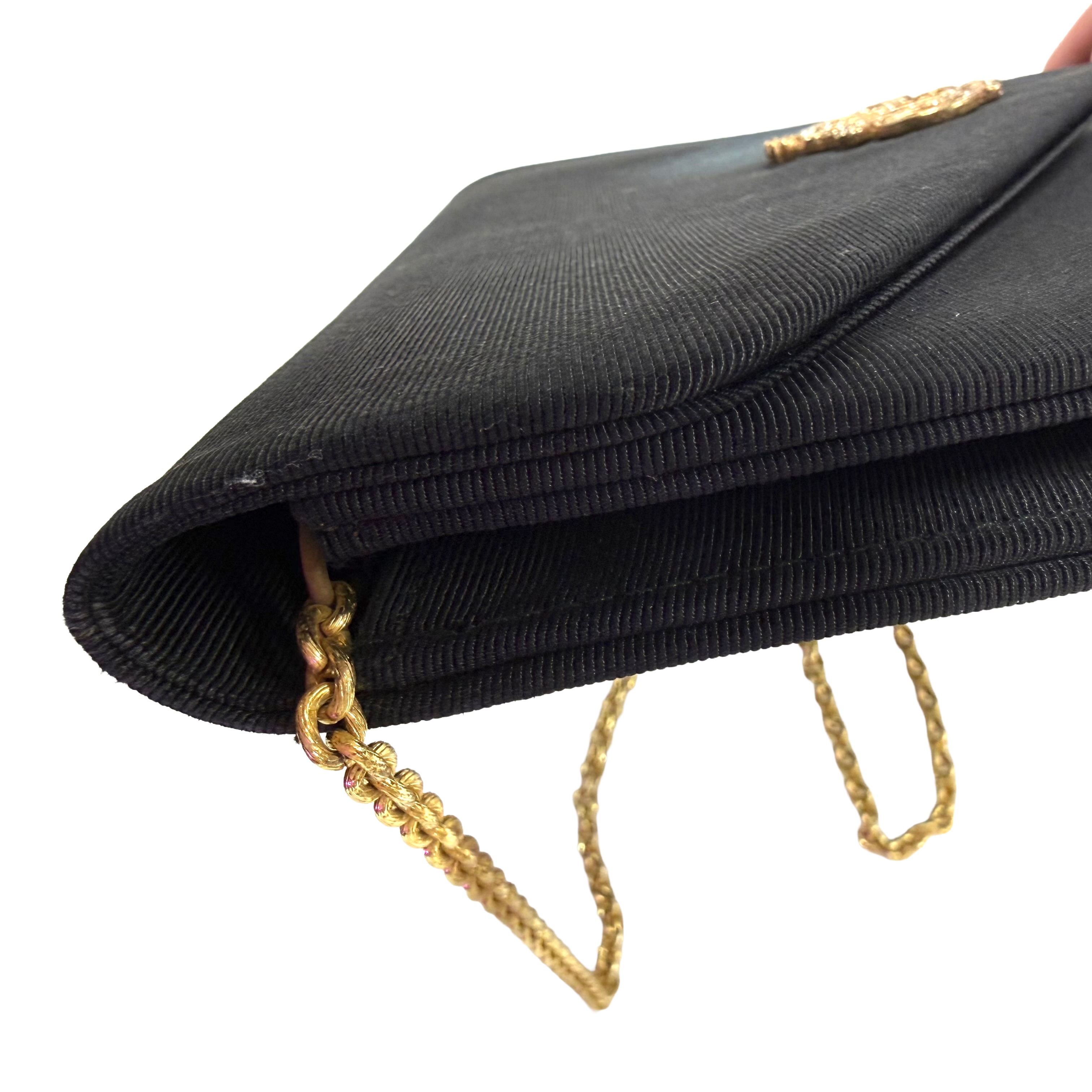 Christian Dior | Small Evening Chain Clutch – Black Grosgrain & Gold Hardware (Excellent Condition)