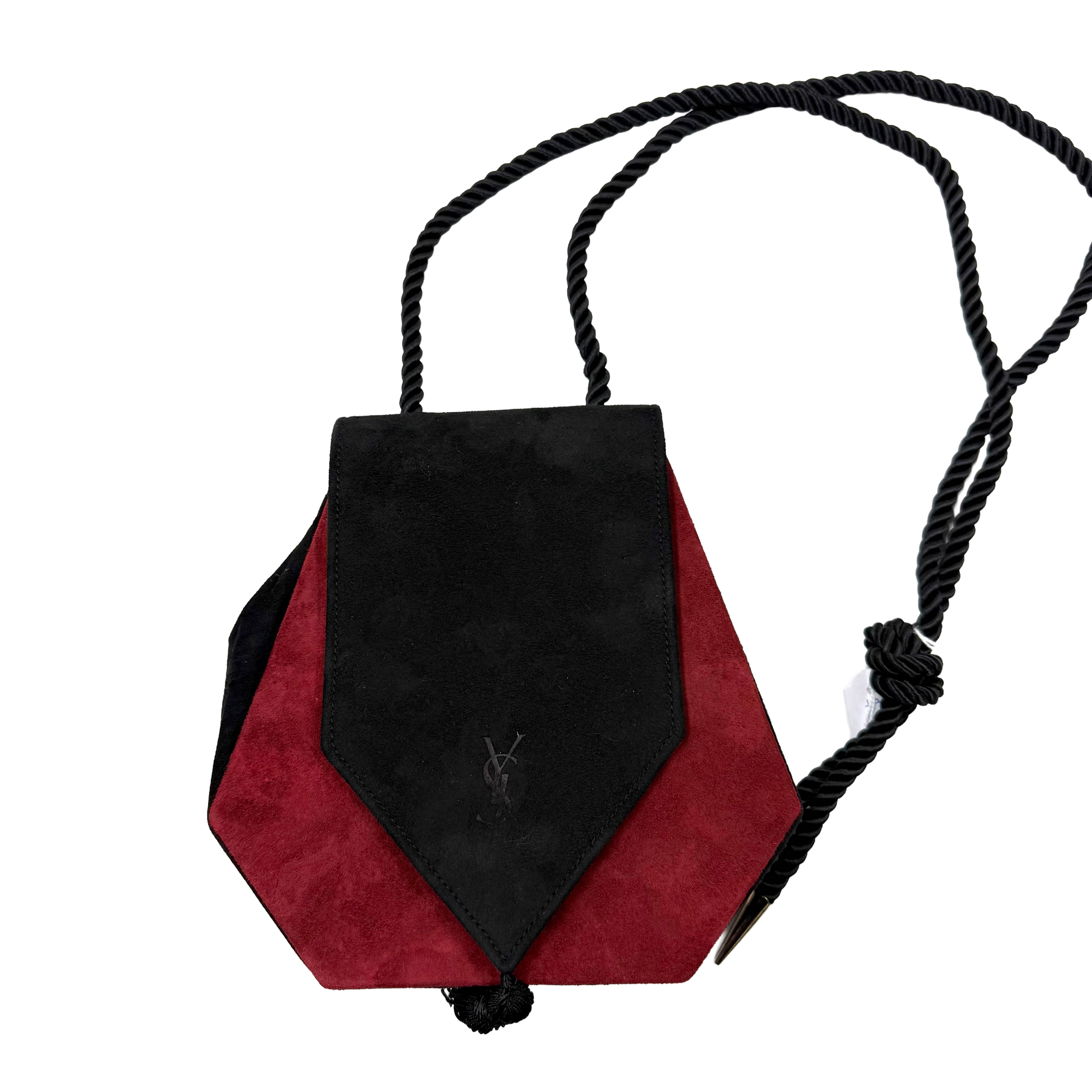 YSL | Suede Drawstring Mini Bag – Black & Red with Rope Strap (Vintage Condition)