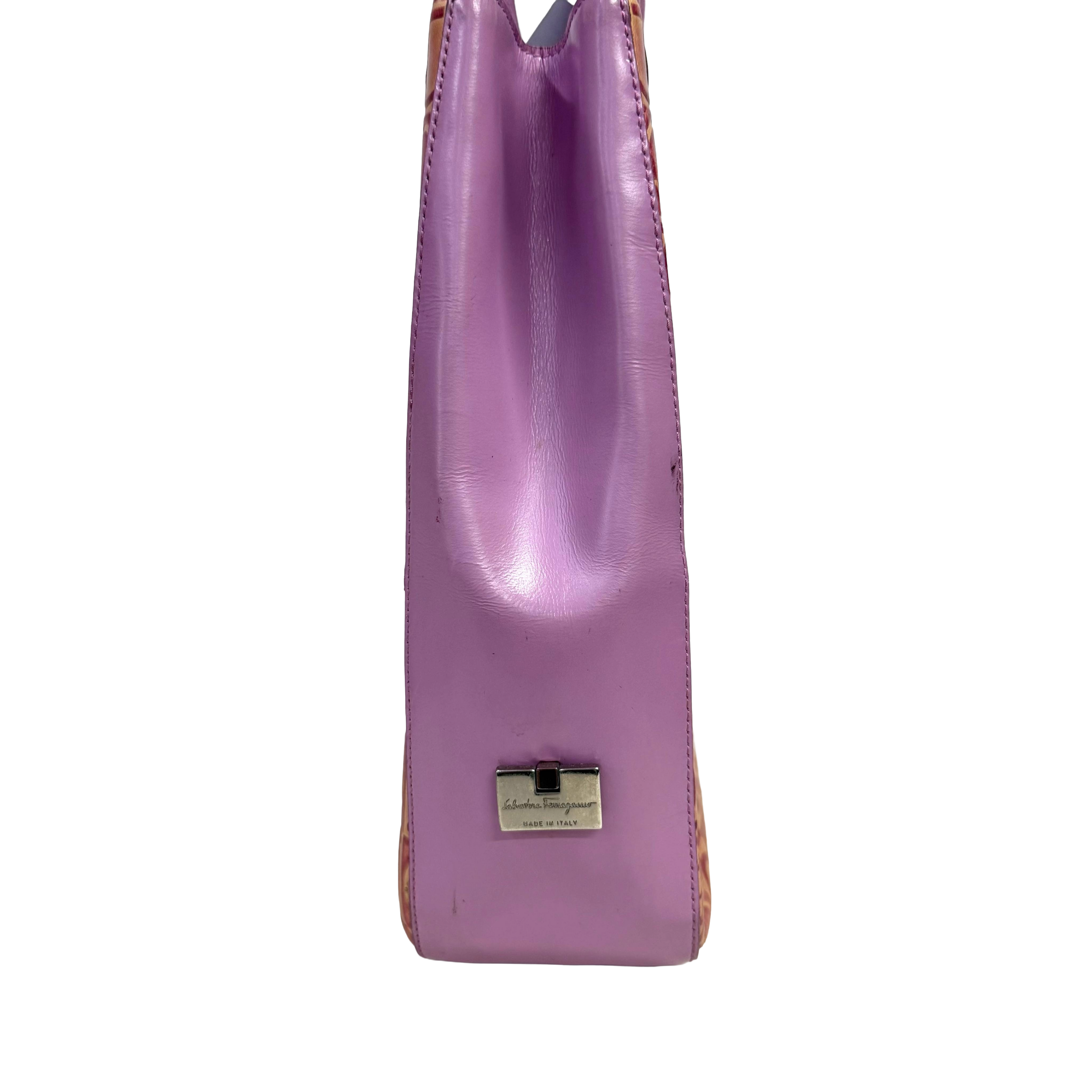 Salvatore Ferragamo | Gancini Monogram Shoulder Tote – Lilac Leather & Mauve Canvas (Good Condition)