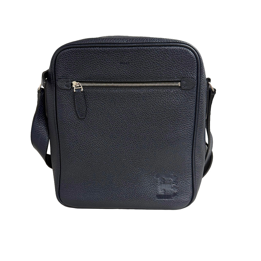 Bally | Logo Crossbody Bag – Navy Grained Leather & Silver-Tone Hardware (Pristine Condition)