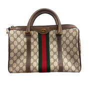 Gucci | Boston Bag – Beige Canvas with Web Stripe & Brown Leather Trim (Good Condition)