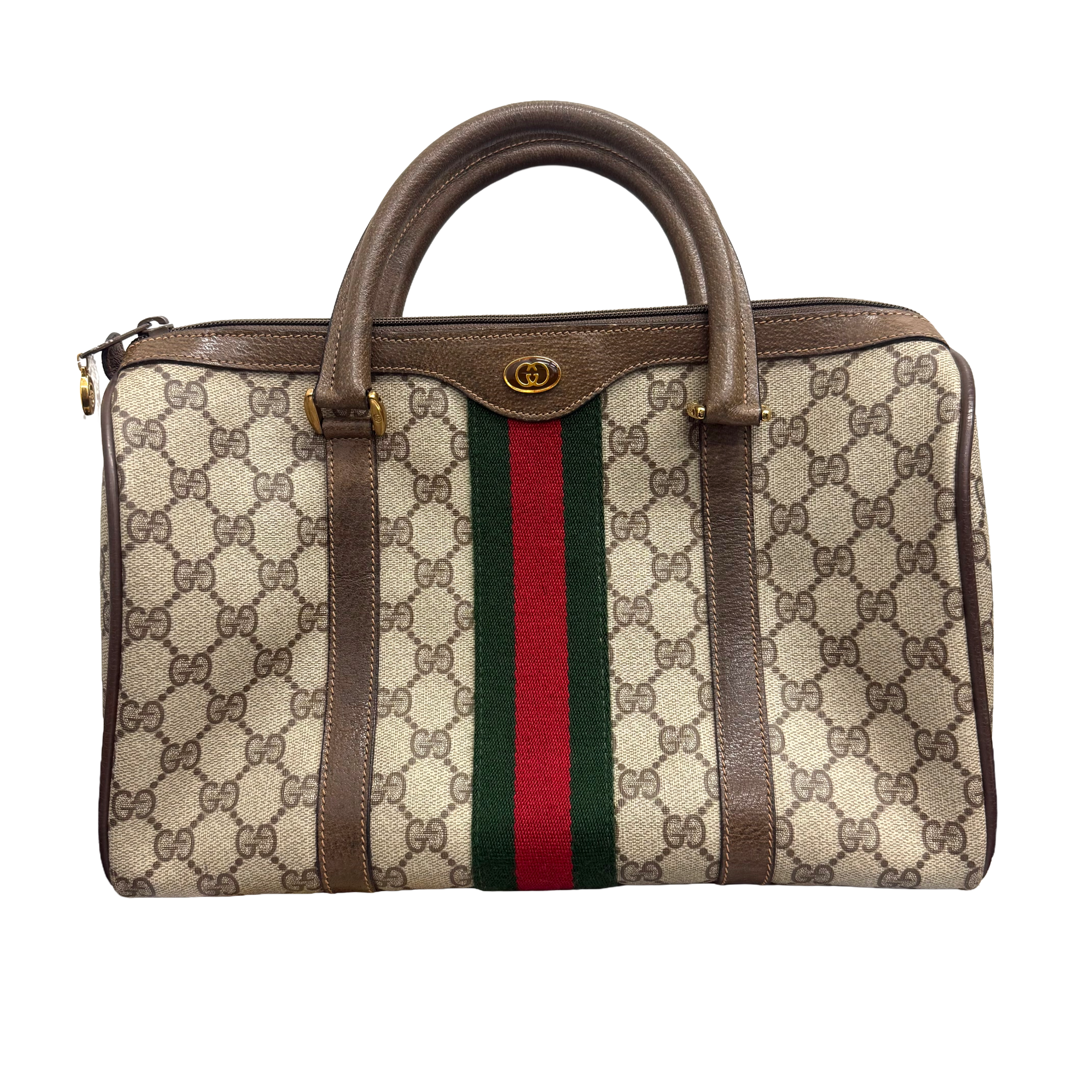 Gucci | Boston Bag – Beige Canvas with Web Stripe & Brown Leather Trim (Good Condition)