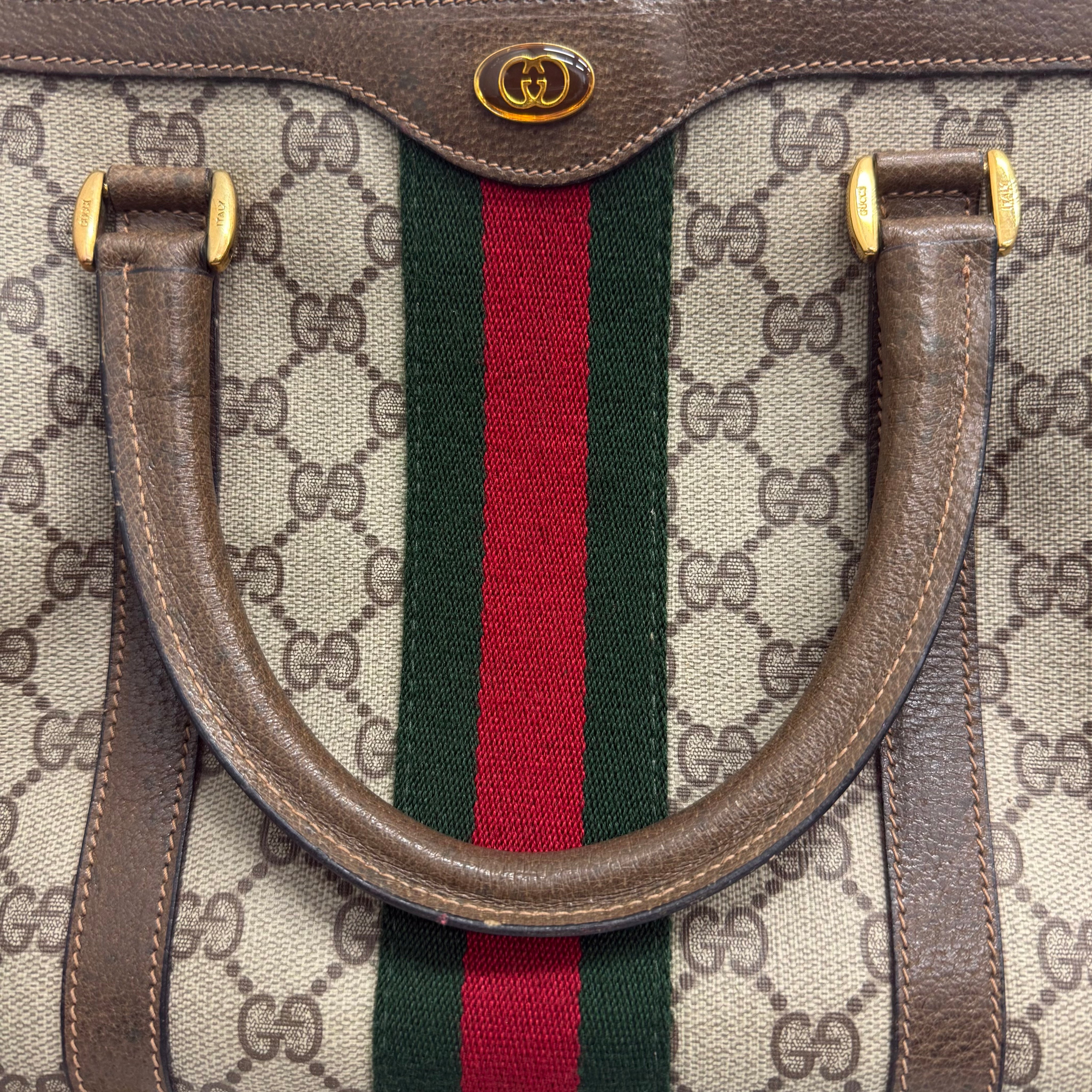 Gucci | Boston Bag – Beige Canvas with Web Stripe & Brown Leather Trim (Good Condition)