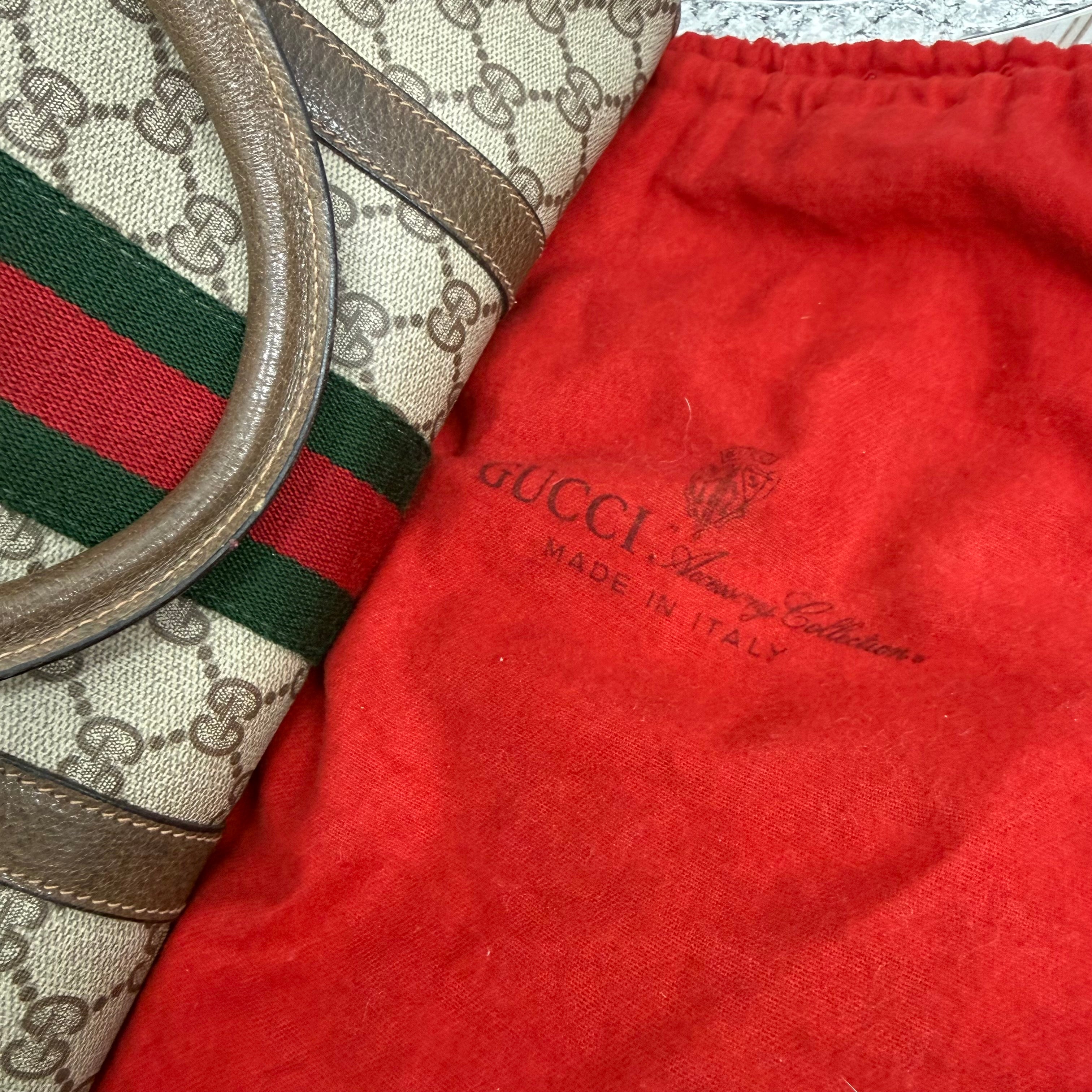 Gucci | Boston Bag – Beige Canvas with Web Stripe & Brown Leather Trim (Good Condition)