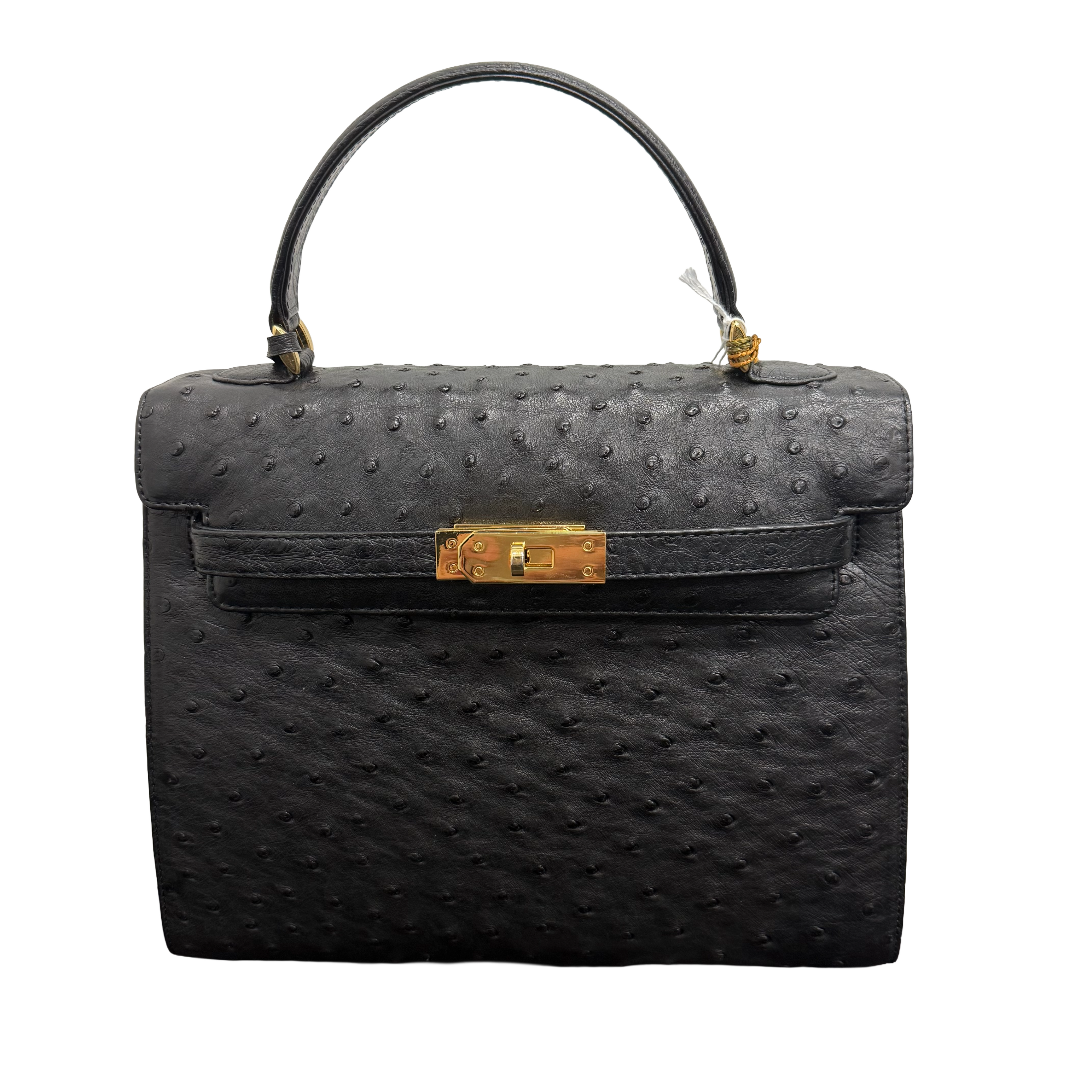 JRA | Ostrich Leather Kelly-Style Handbag – Black & Gold Hardware (Pristine Condition)