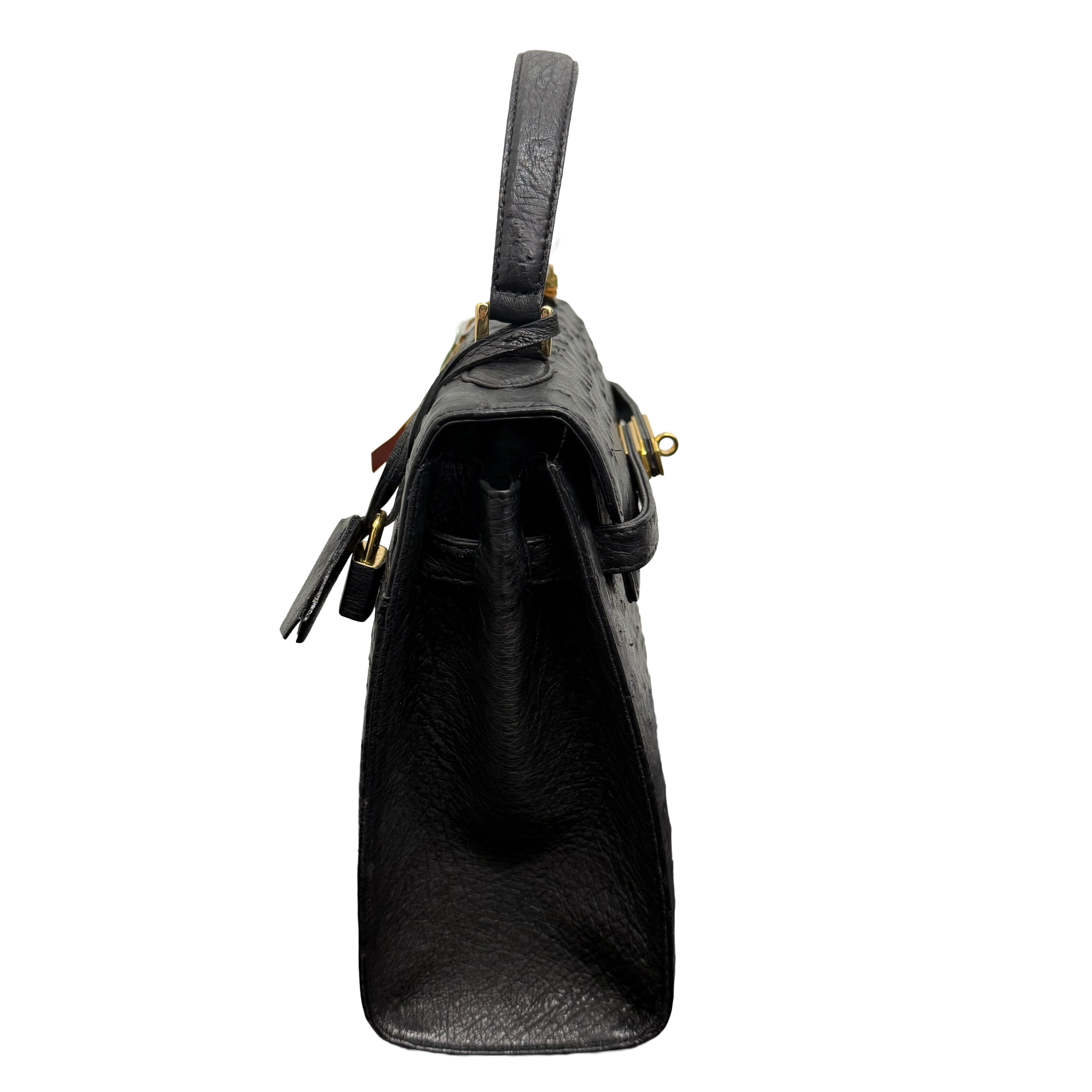 JRA | Ostrich Leather Kelly-Style Handbag – Black & Gold Hardware (Pristine Condition)