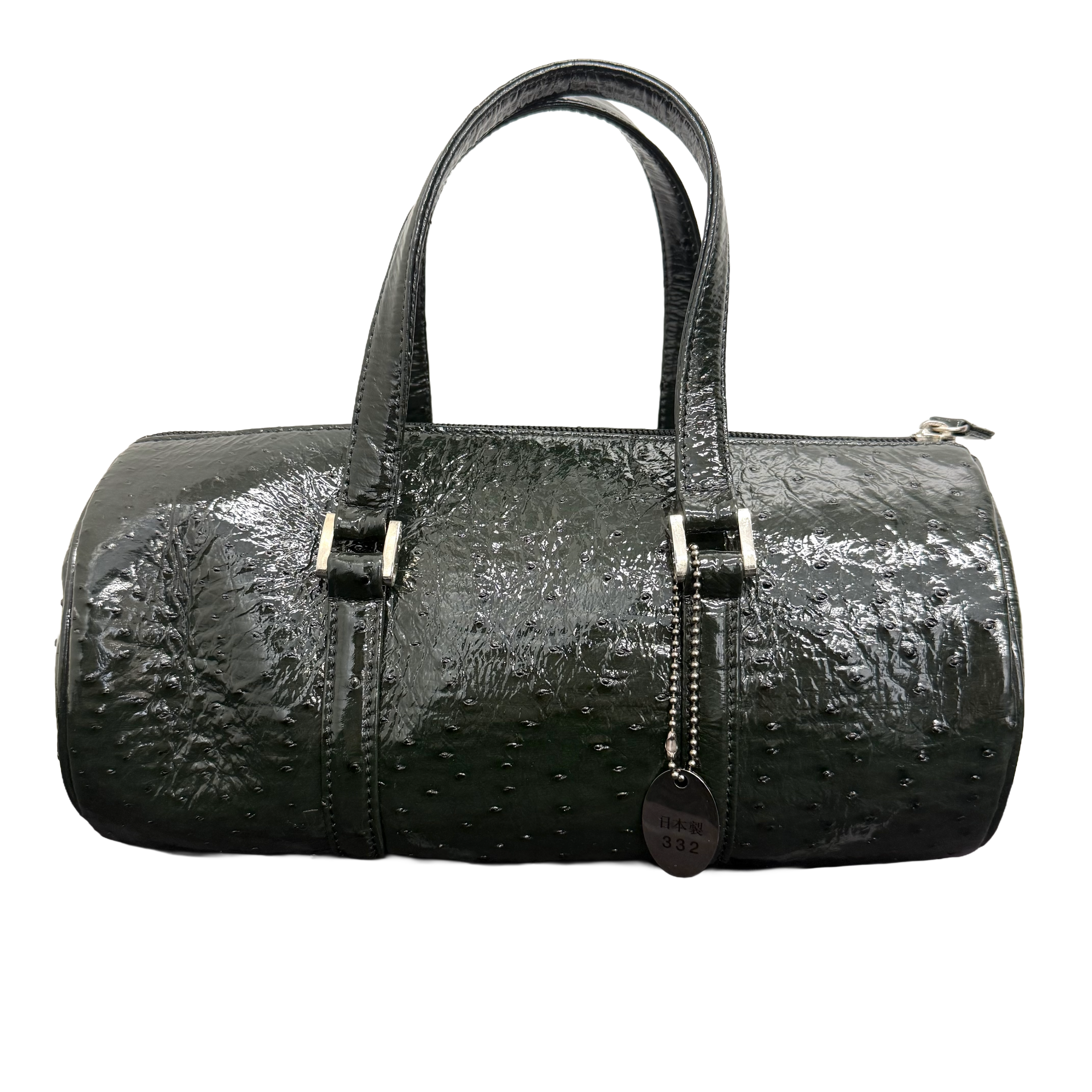 JRA | Ostrich Leather Barrel Handbag – Dark Green & Silver Hardware (Excellent Condition)