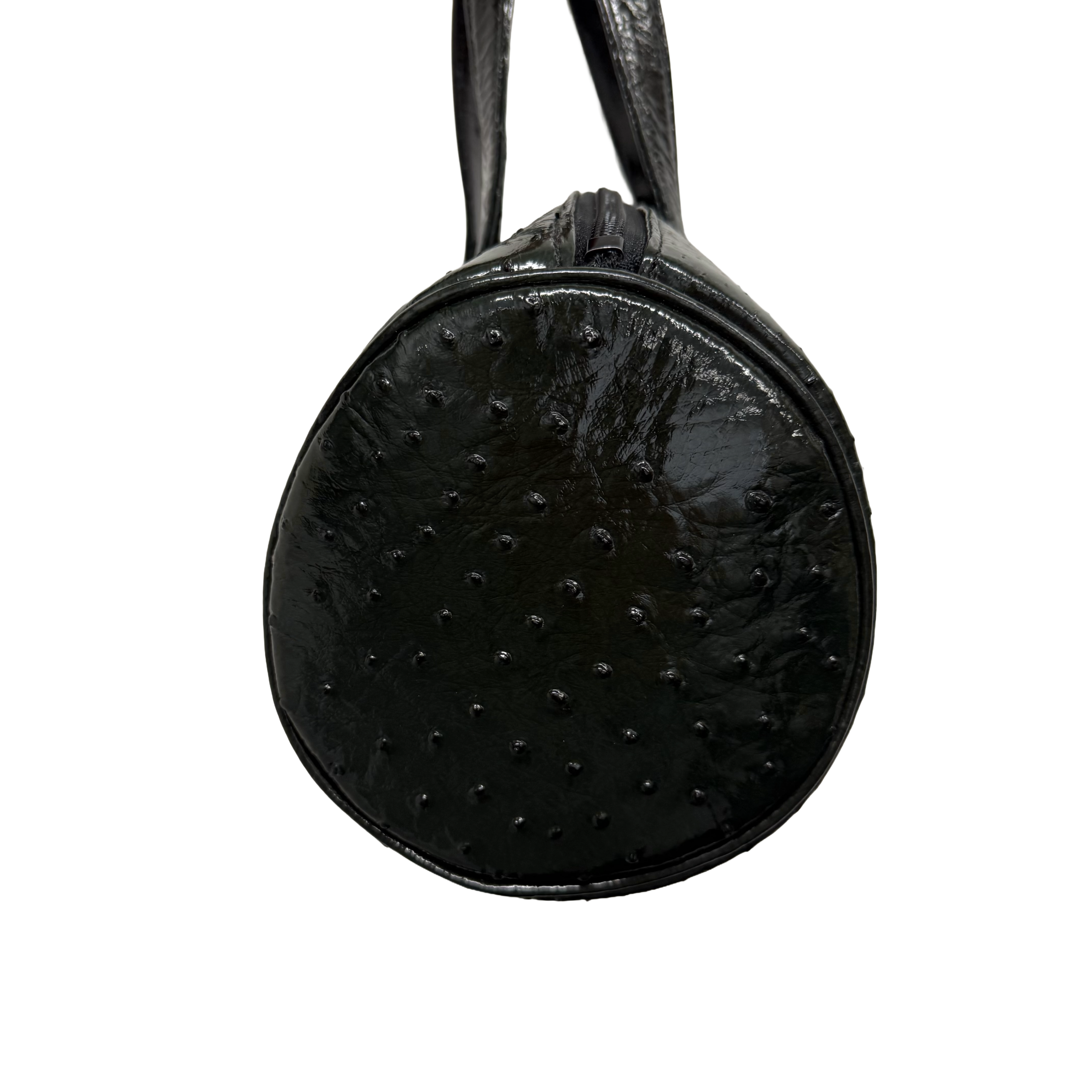 JRA | Ostrich Leather Barrel Handbag – Dark Green & Silver Hardware (Excellent Condition)