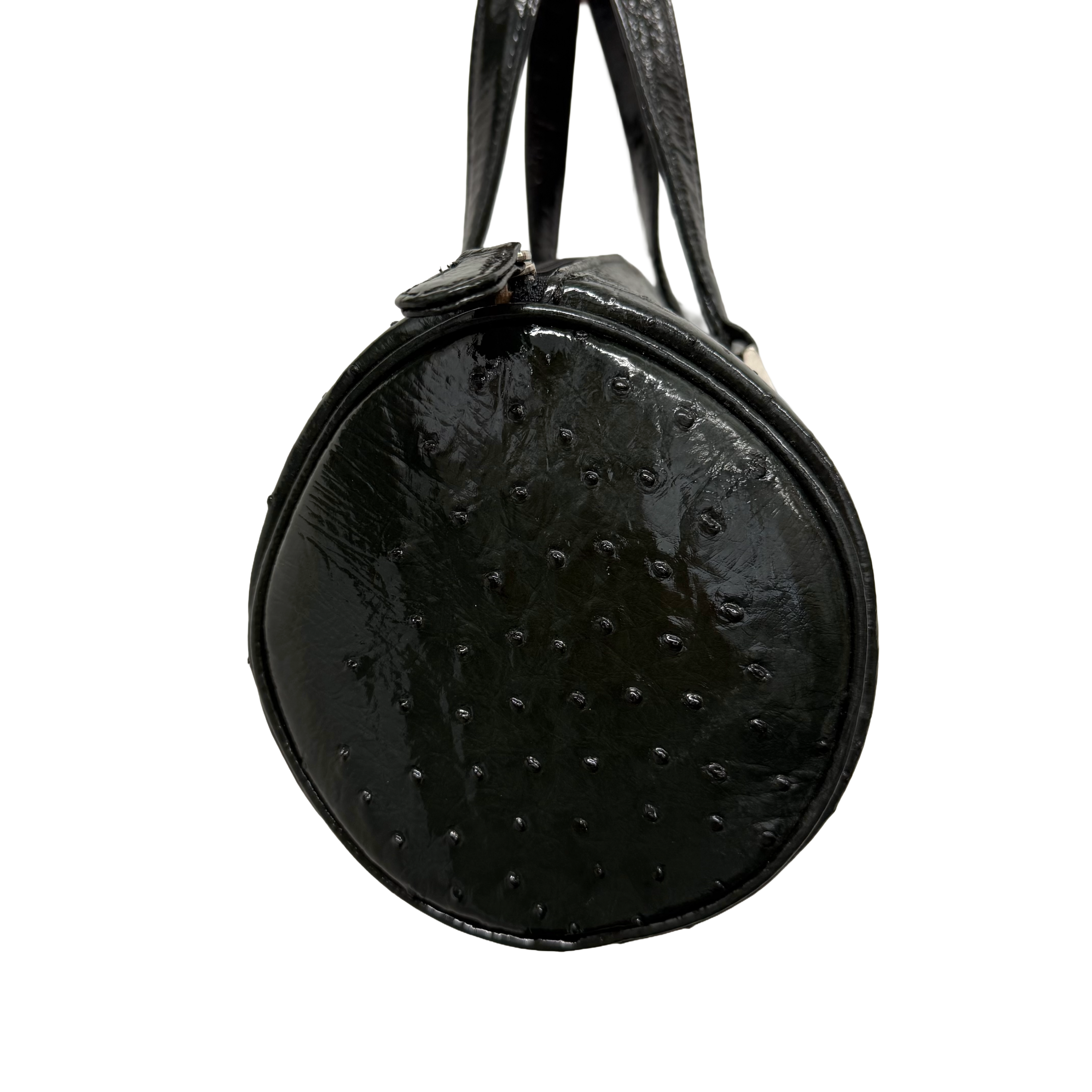 JRA | Ostrich Leather Barrel Handbag – Dark Green & Silver Hardware (Excellent Condition)