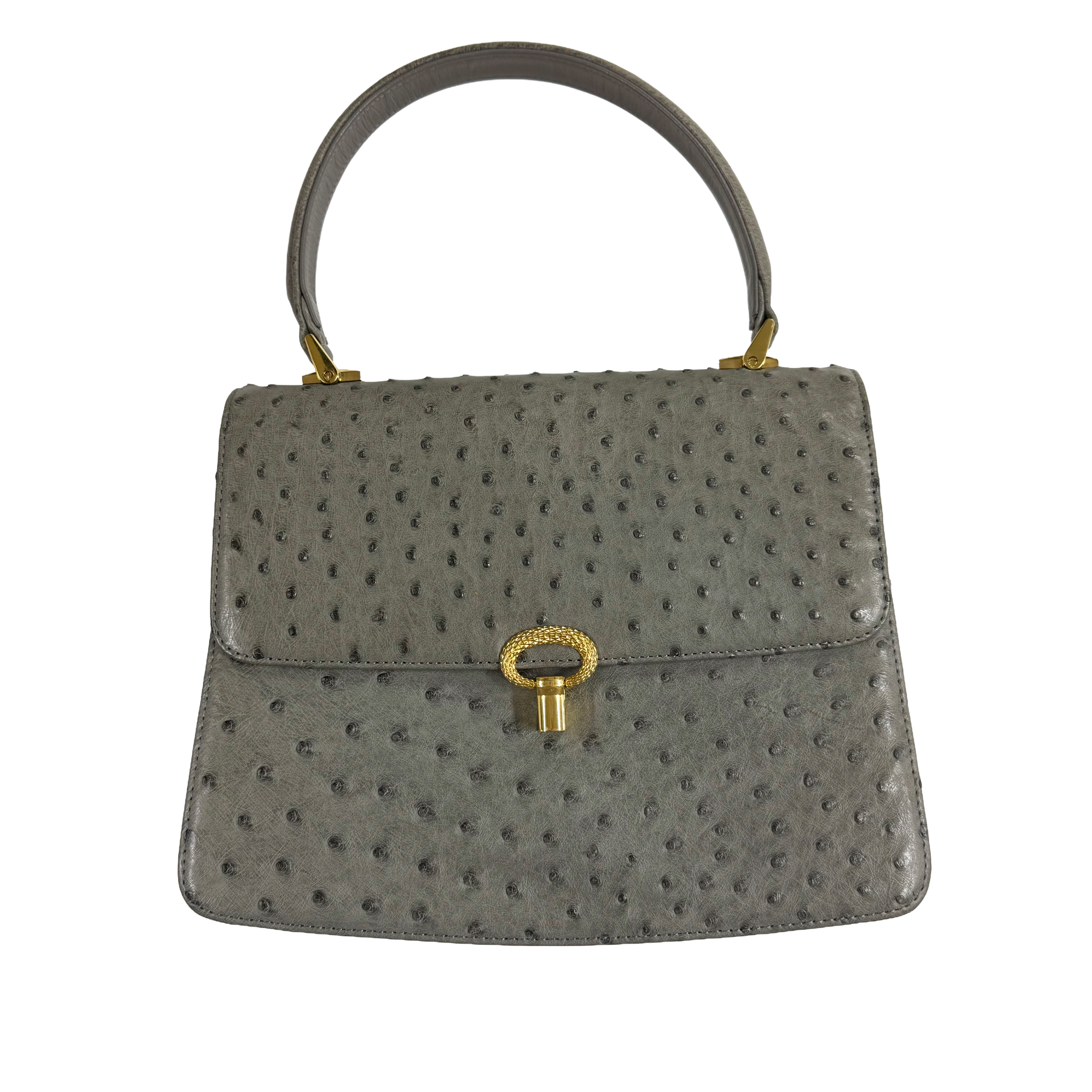 JRA | Ostrich Leather Top Handle Bag – Grey & Gold Hardware (Good Condition)