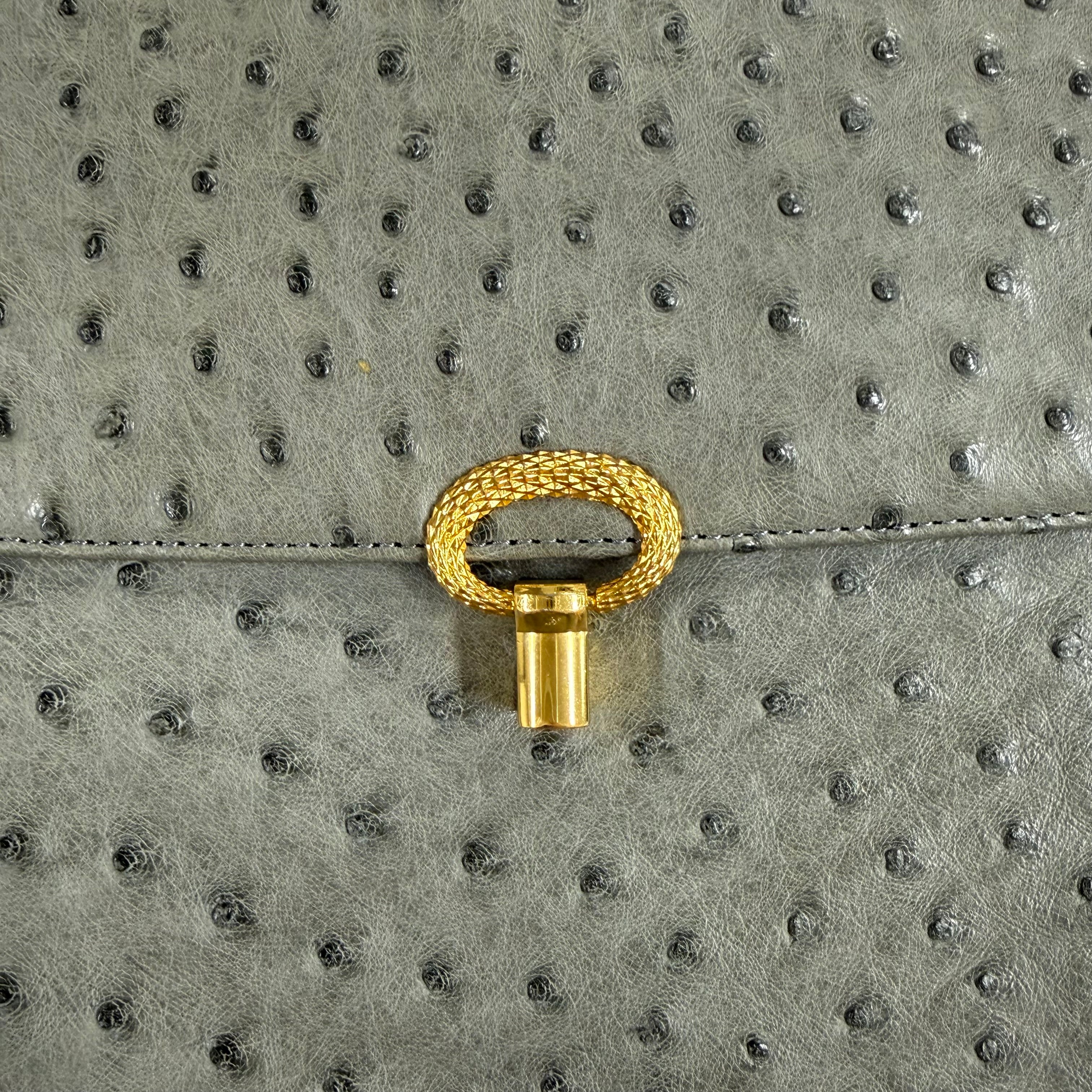JRA | Ostrich Leather Top Handle Bag – Grey & Gold Hardware (Good Condition)