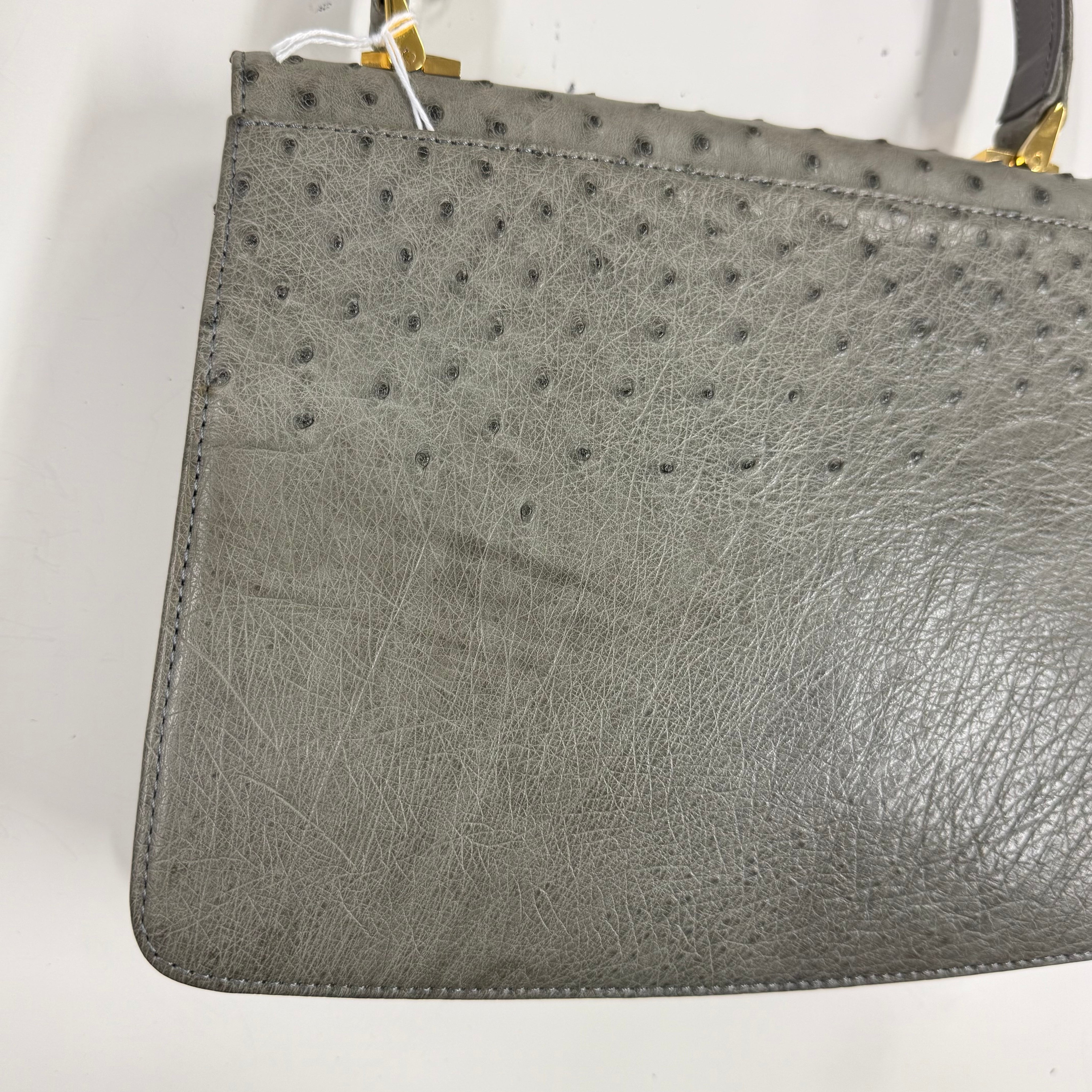 JRA | Ostrich Leather Top Handle Bag – Grey & Gold Hardware (Good Condition)