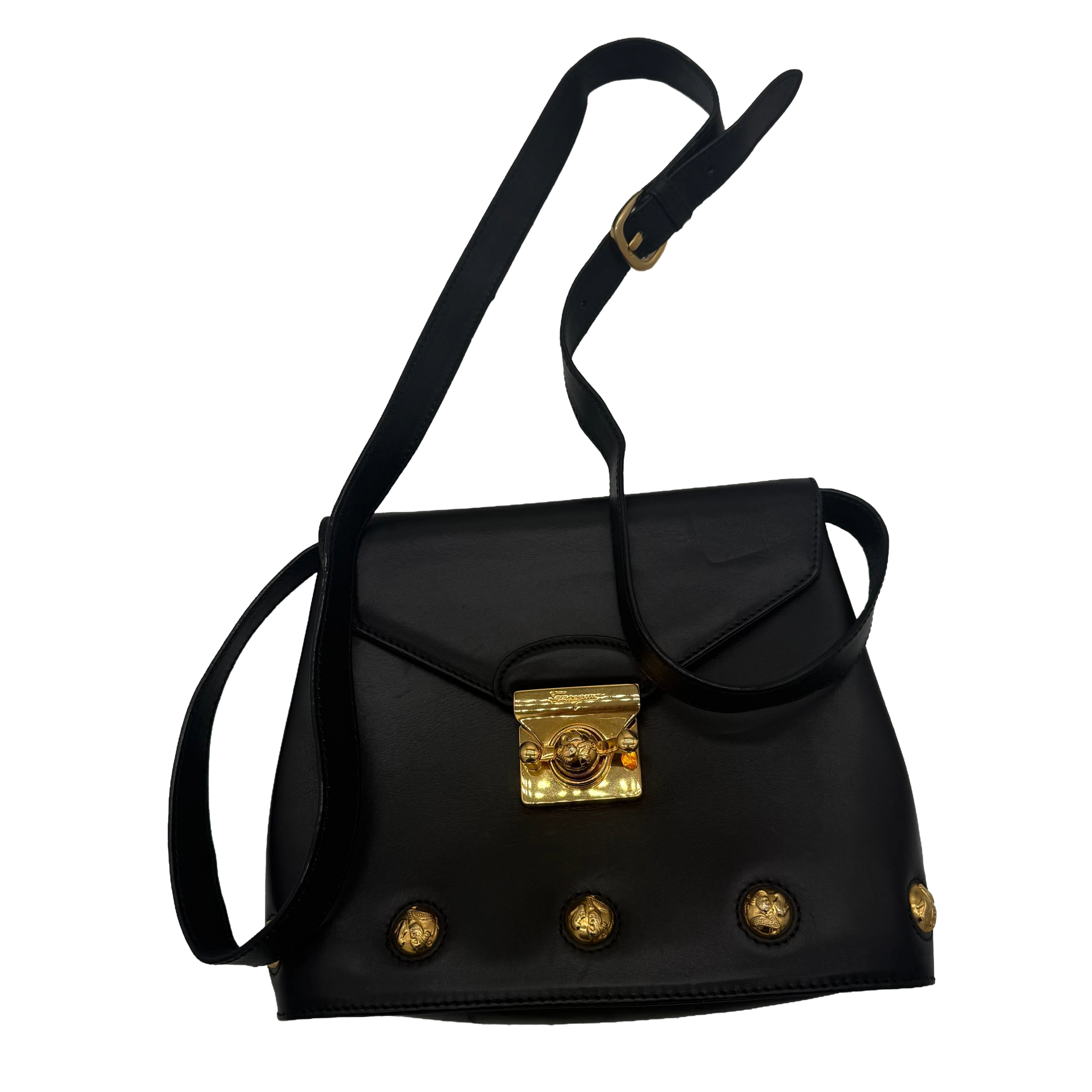 Salvatore Ferragamo | Envelope Shoulder Bag – Black Leather & Gold Hardware