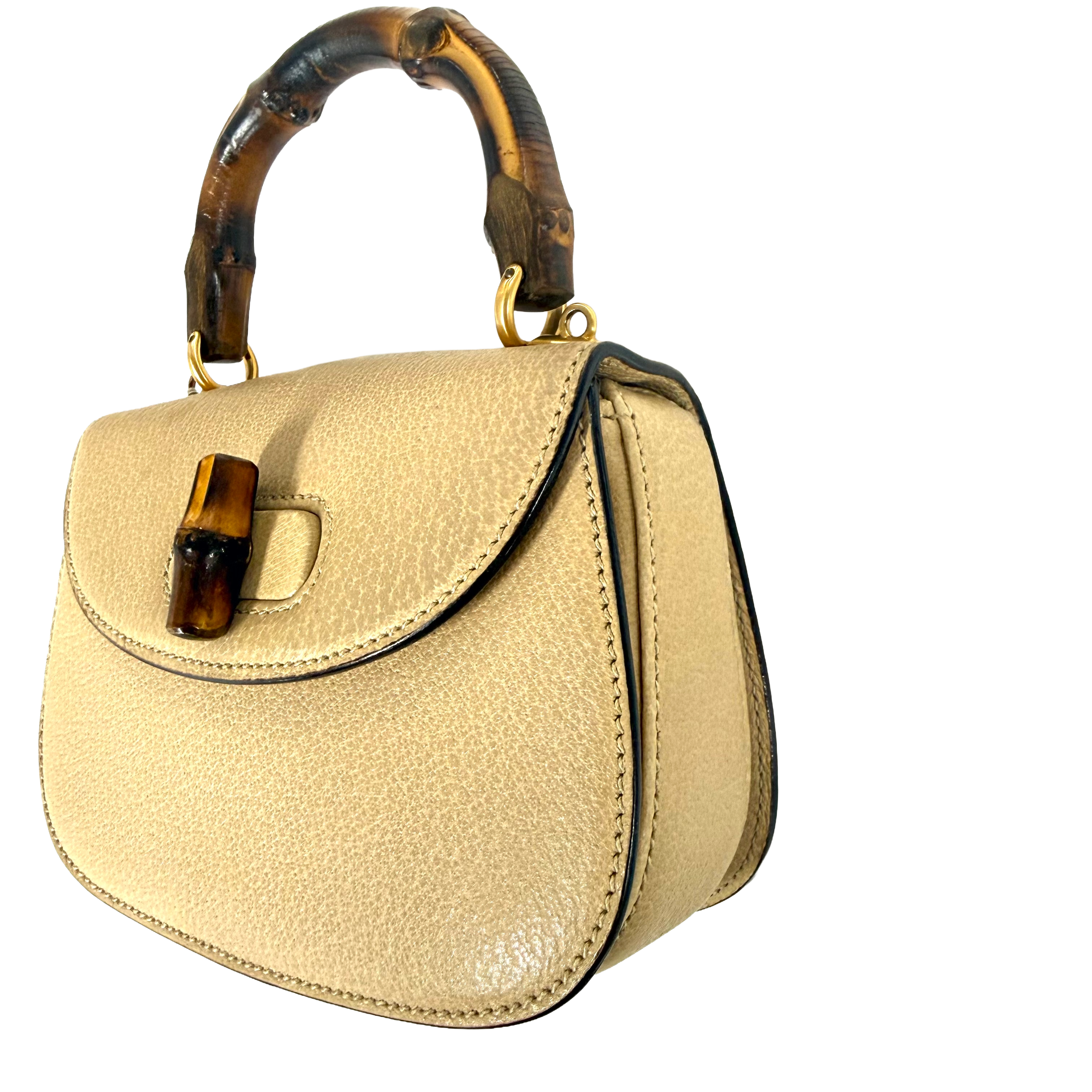 Gucci | Mini Bamboo Top Handle Bag – Beige Pebbled Leather (Pristine Condition)