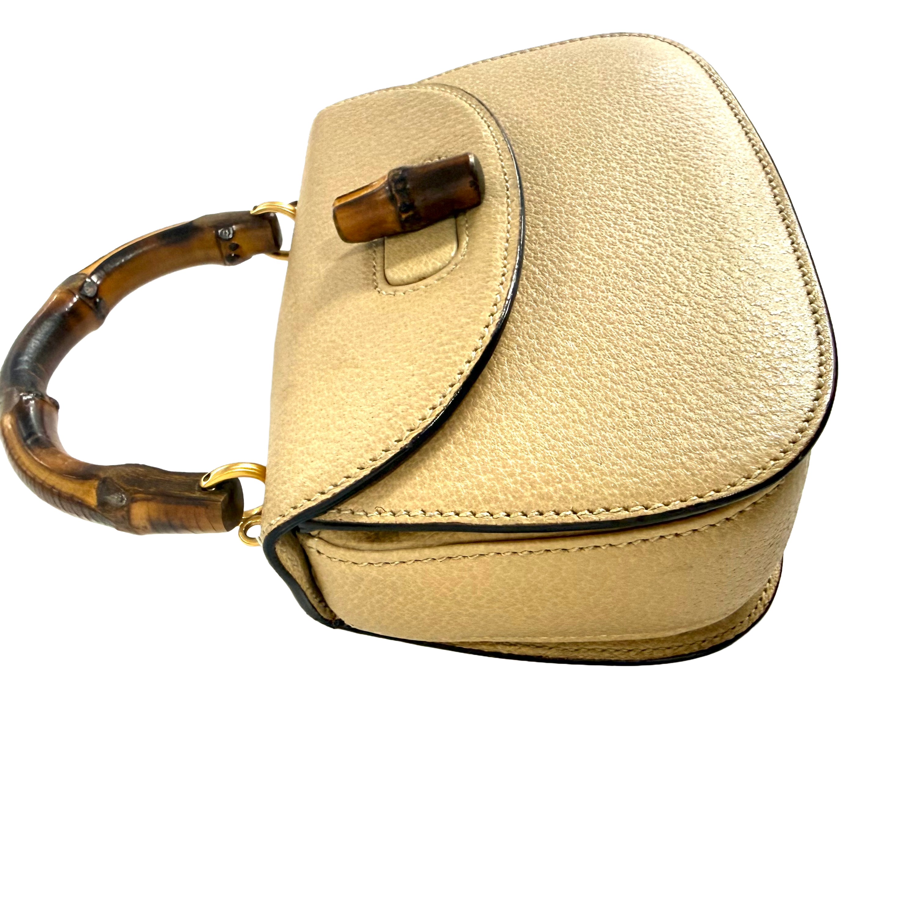 Gucci | Mini Bamboo Top Handle Bag – Beige Pebbled Leather (Pristine Condition)