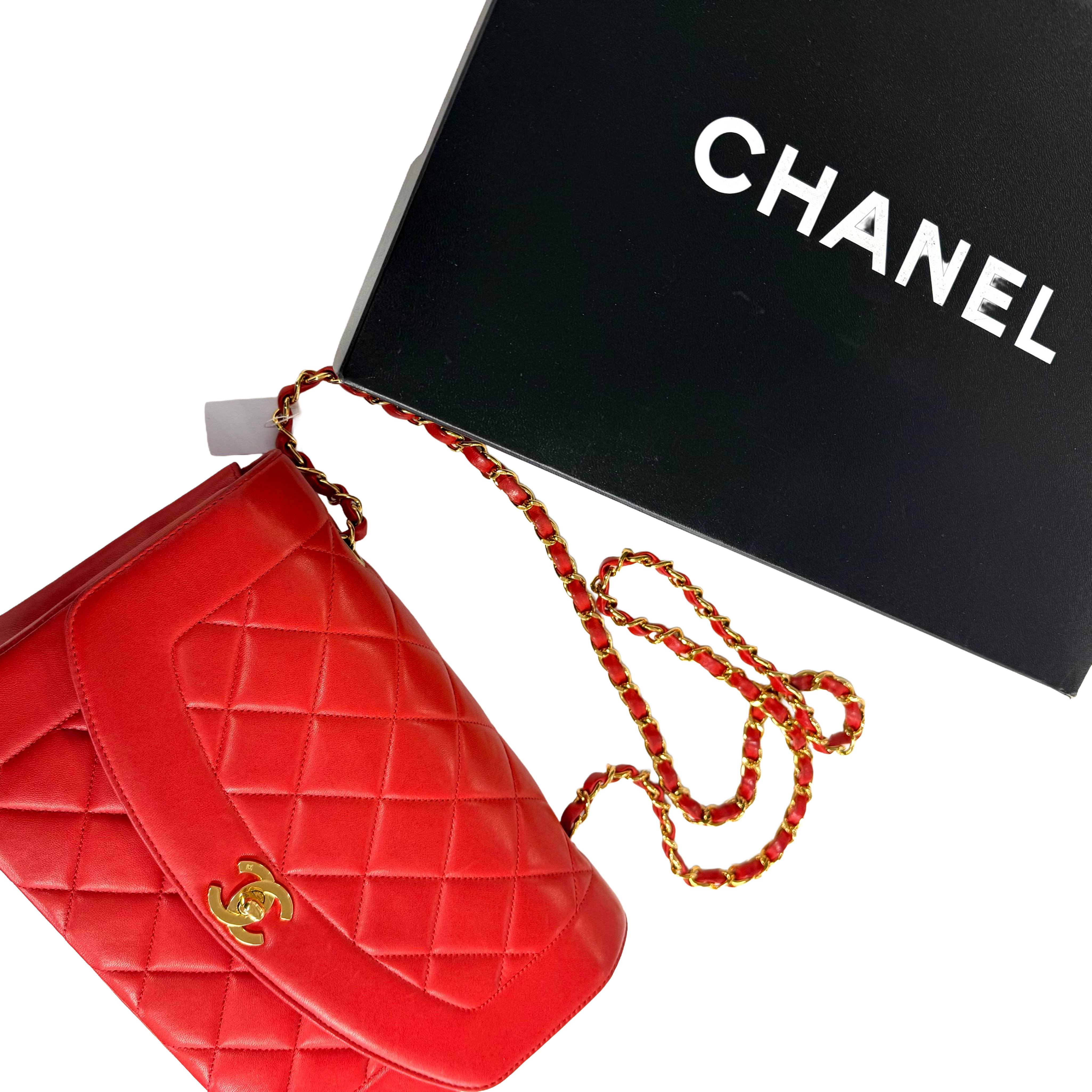 Chanel | Diana Flap Shoulder Bag – Red Lambskin & Gold Hardware (Excellent Condition)