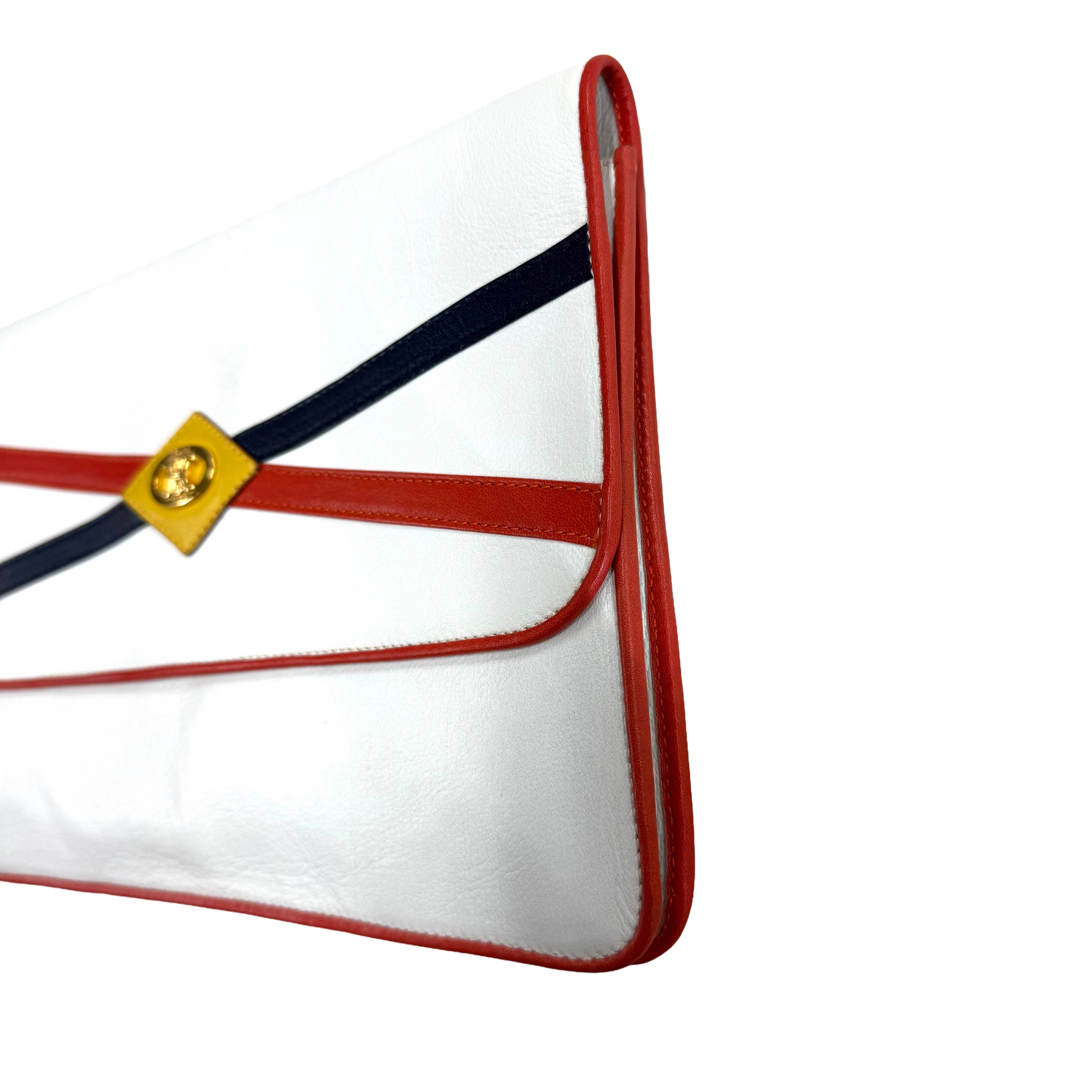 Celine | Tri-Color Leather Clutch – White, Red & Navy with Gold Hardware (Excellent Condition)