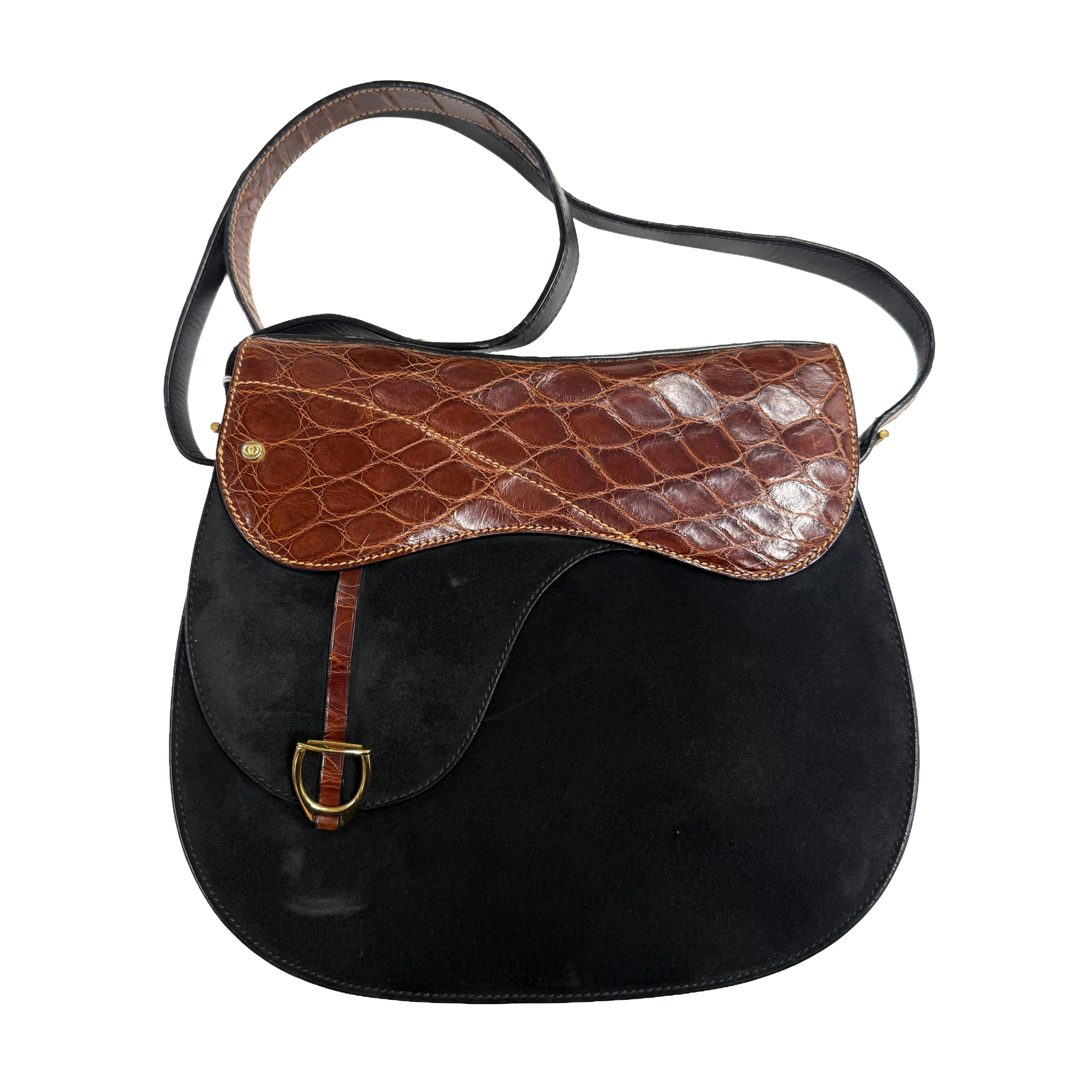 Gucci | Vintage Black Leather & Crocodile Saddle Shoulder Bag (Good Condition)