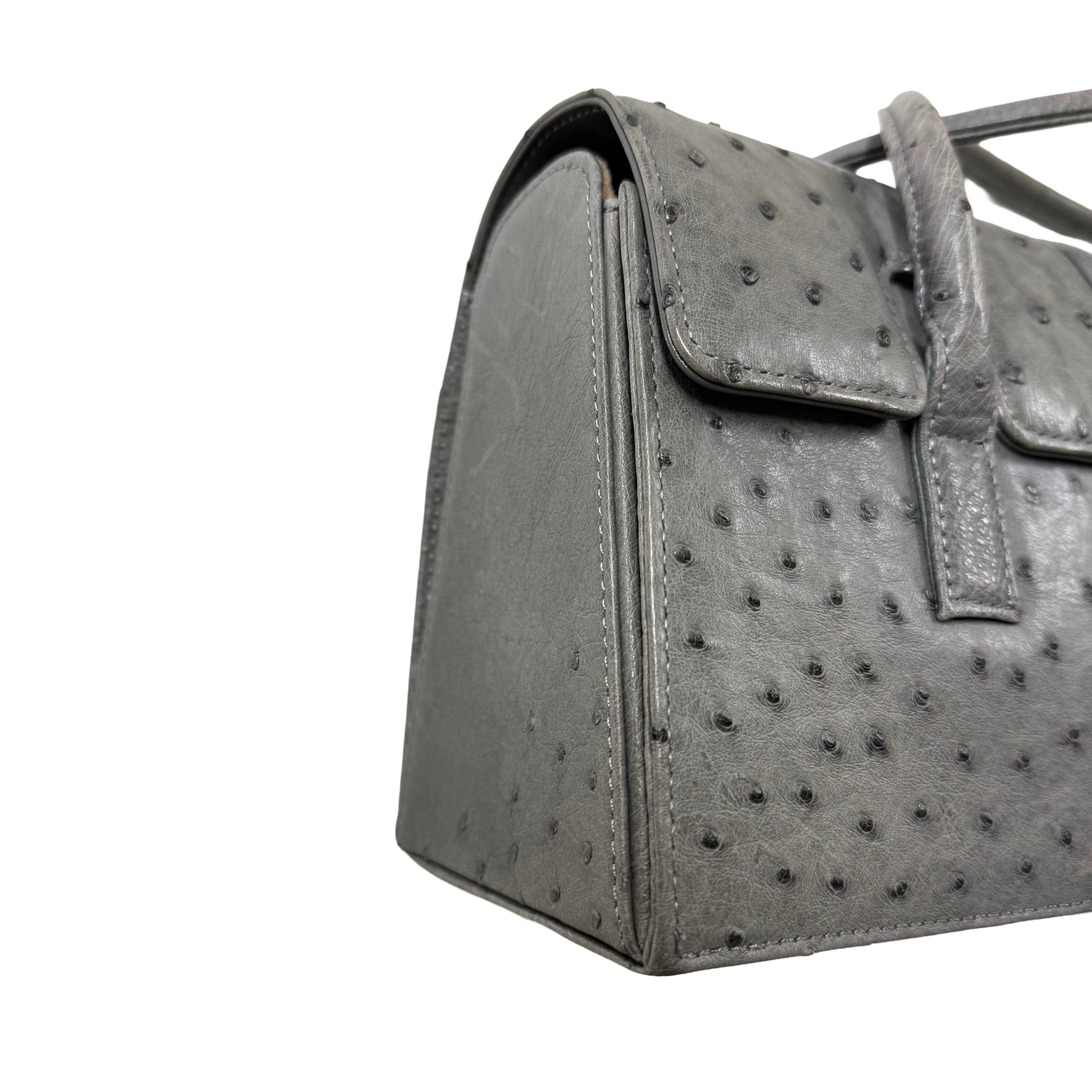 Vintage Genuine Ostrich Leather Handbag – Grey (JRA Certified) Pristine Condition)