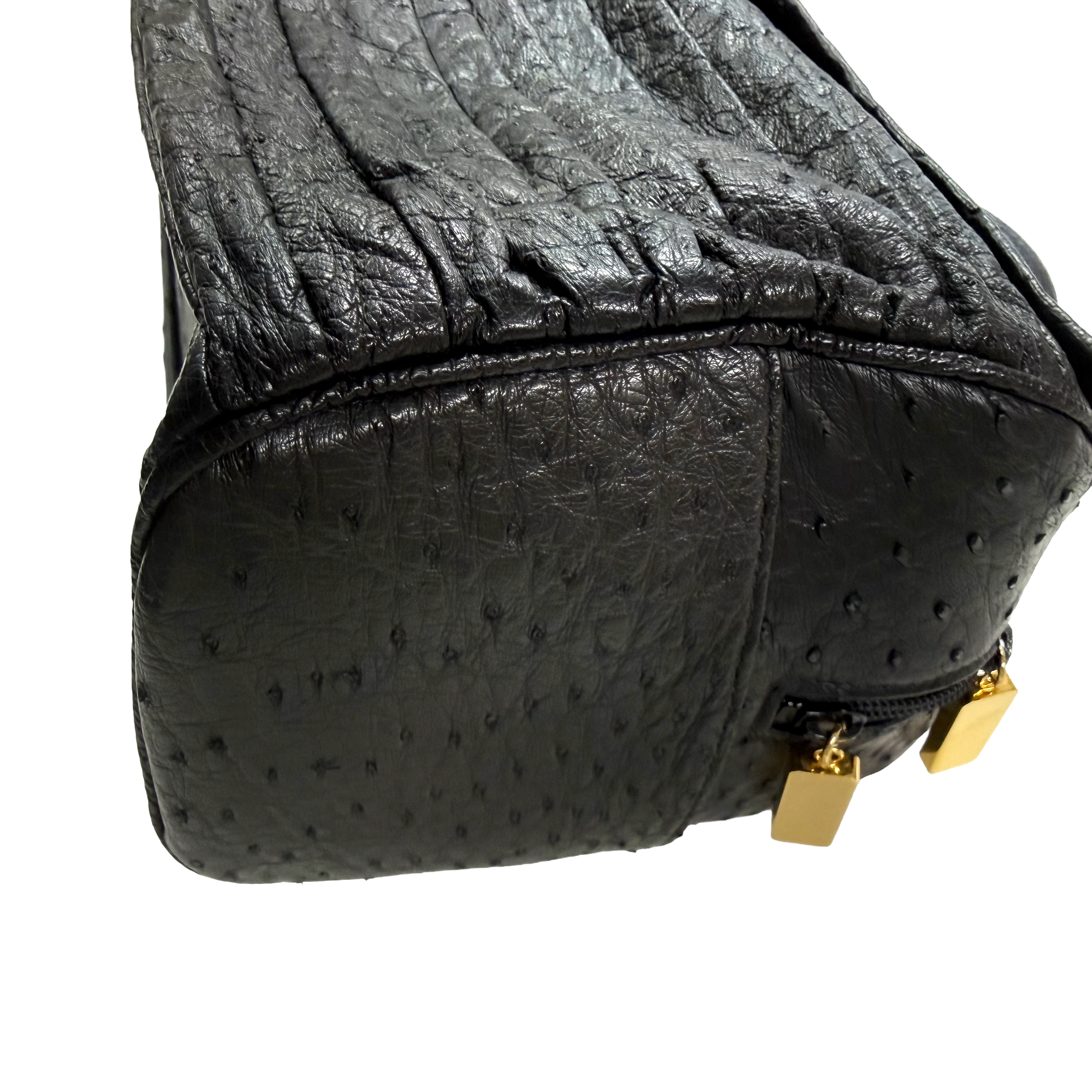 JRA Certified | Vintage Black Ostrich Leather Gathered Tote (Pristine Condition)