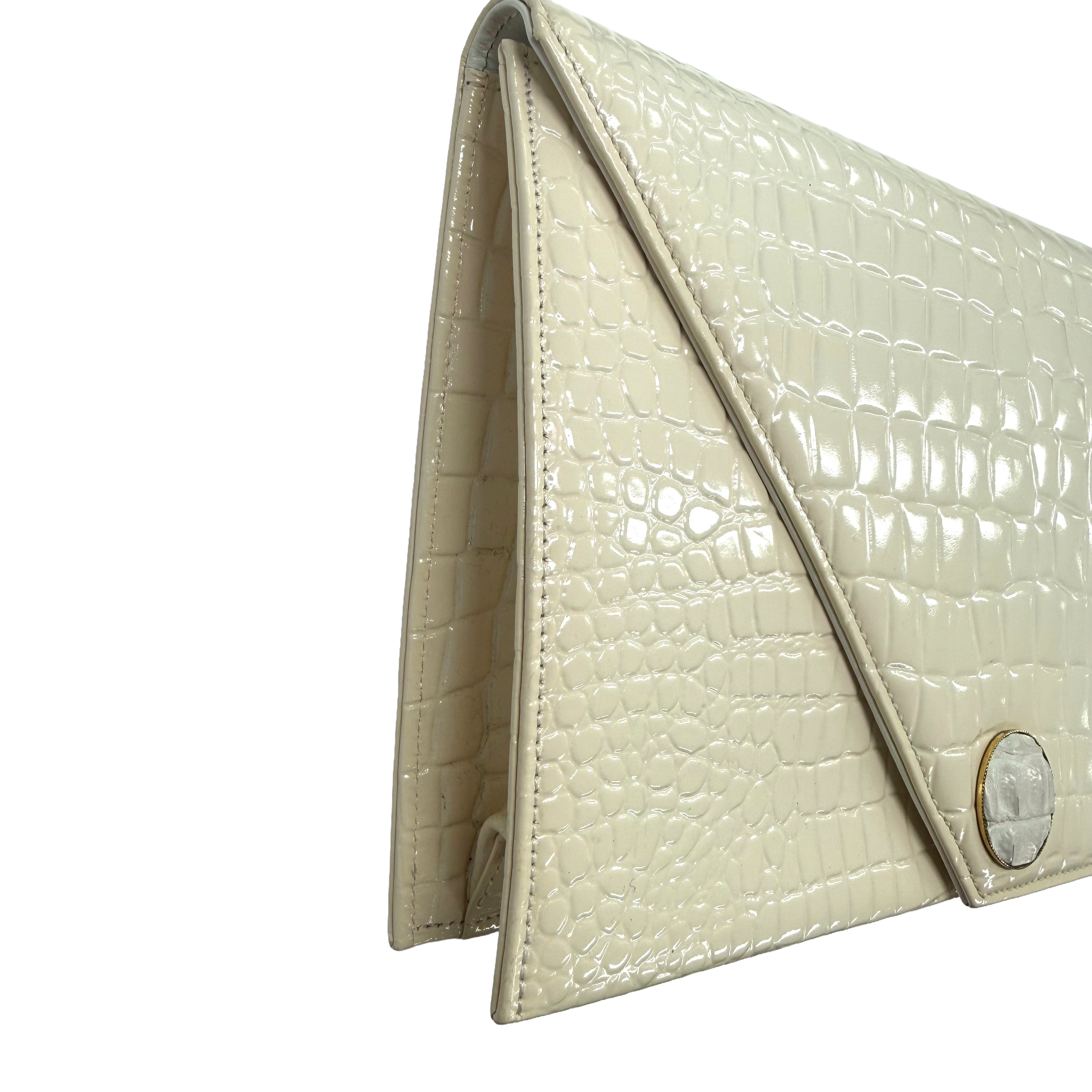 YSL | Cream Croc-Embossed Patent Leather Envelope Clutch (Excellent Condition)