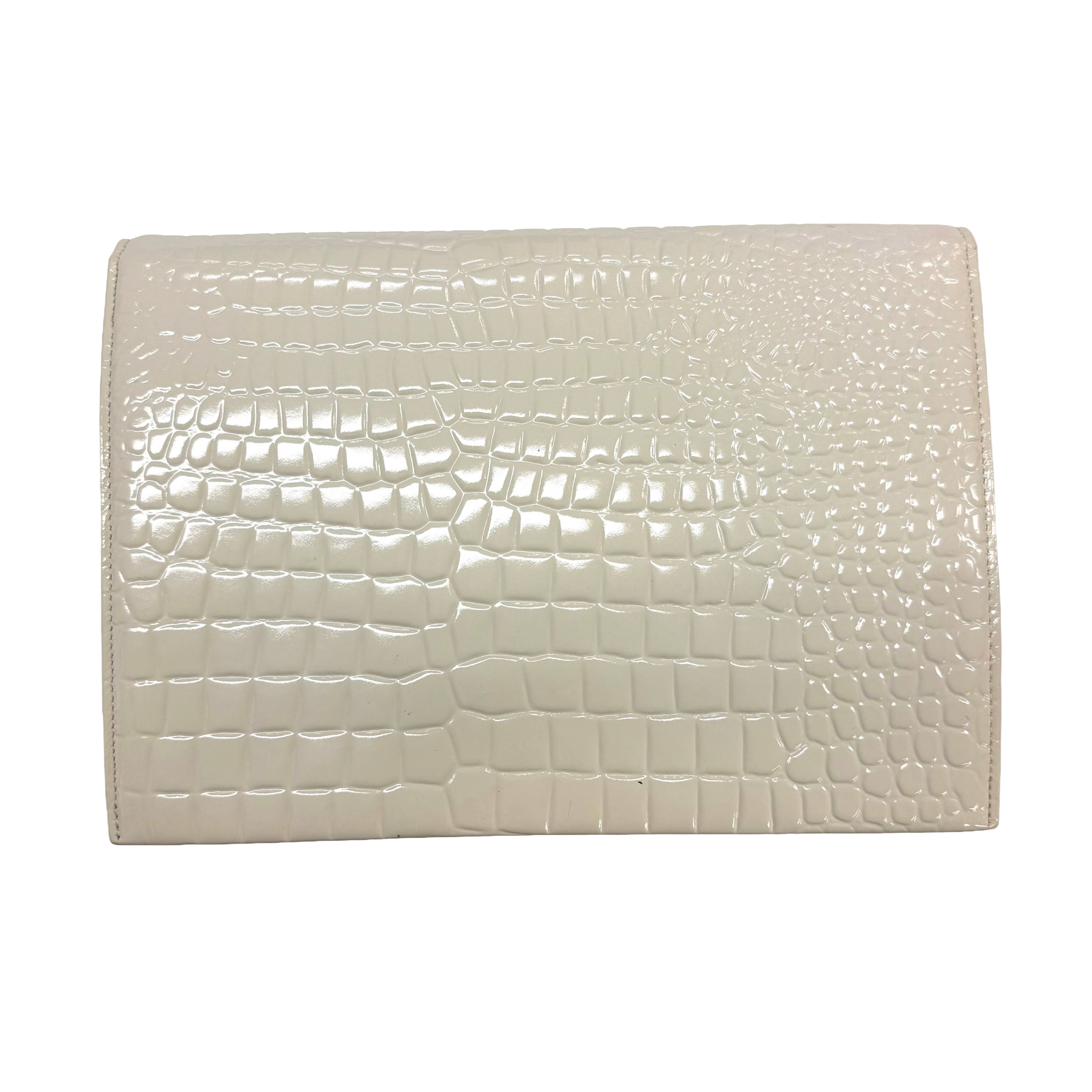 YSL | Cream Croc-Embossed Patent Leather Envelope Clutch (Excellent Condition)